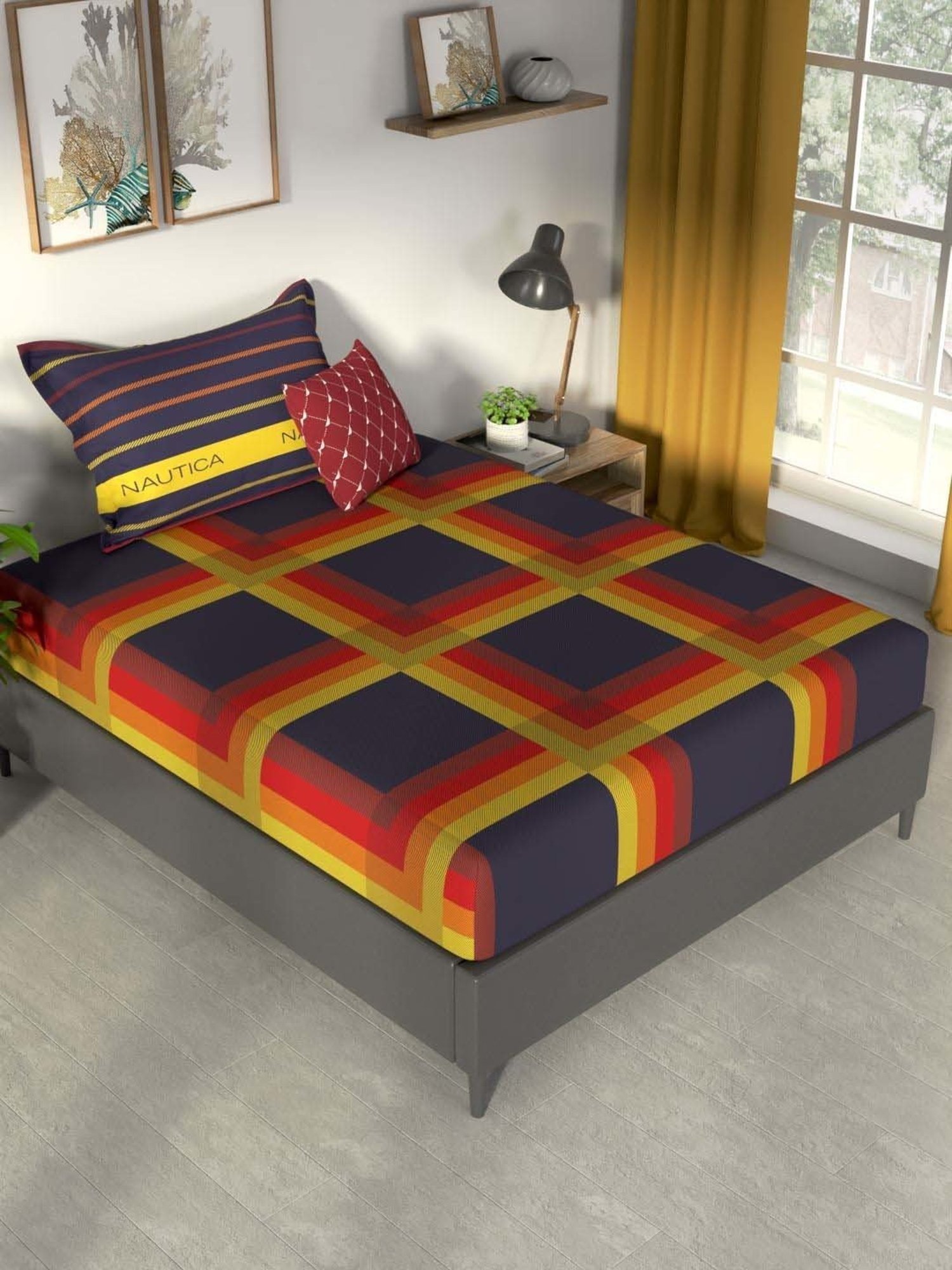 NAUTICA Pacific Coast Purple & Yellow Cotton 160 TC Single Bedsheet with Pillow Cover