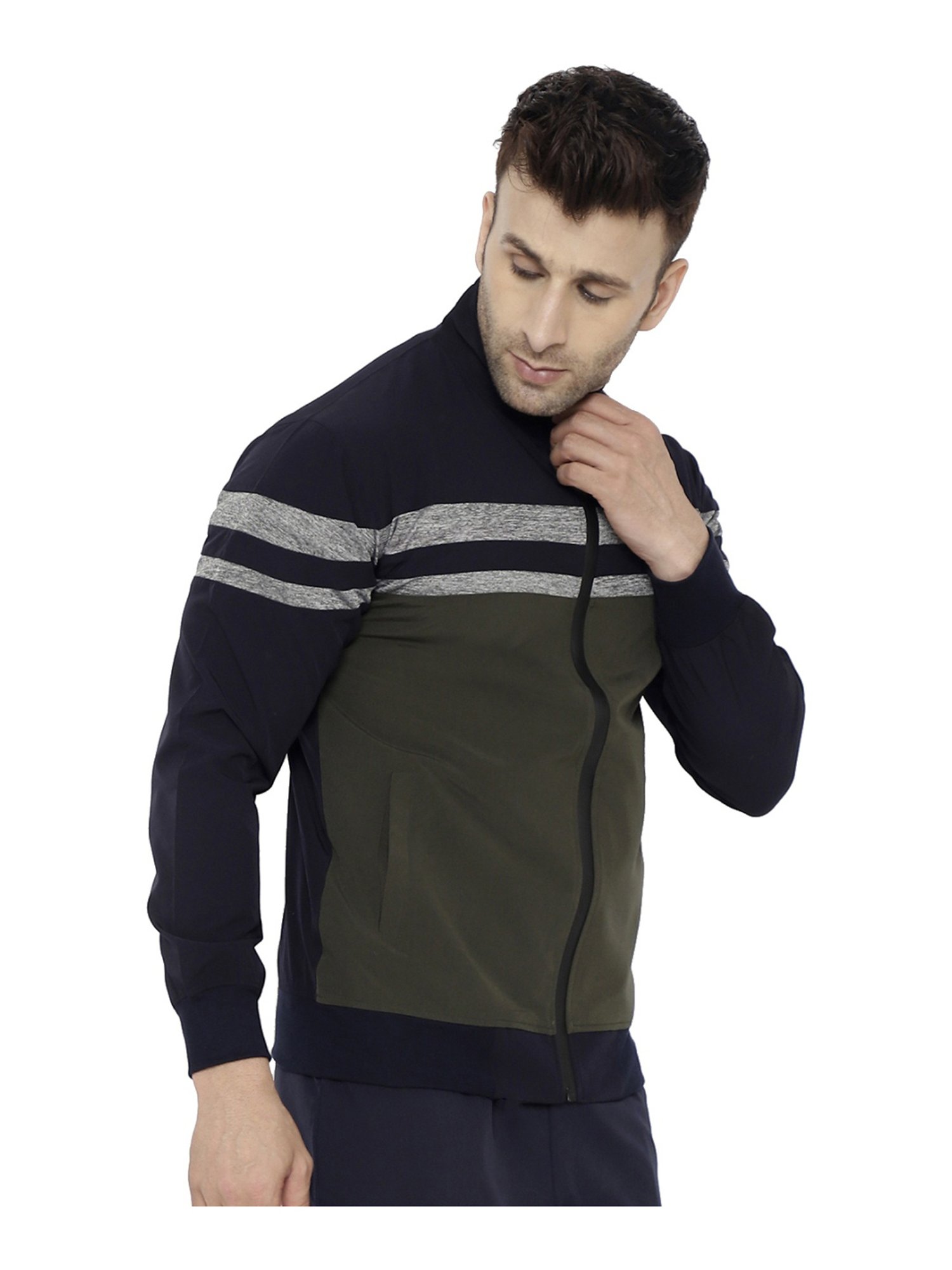 Chkokko Navy & Olive Regular Fit Colour Block Sports Jacket