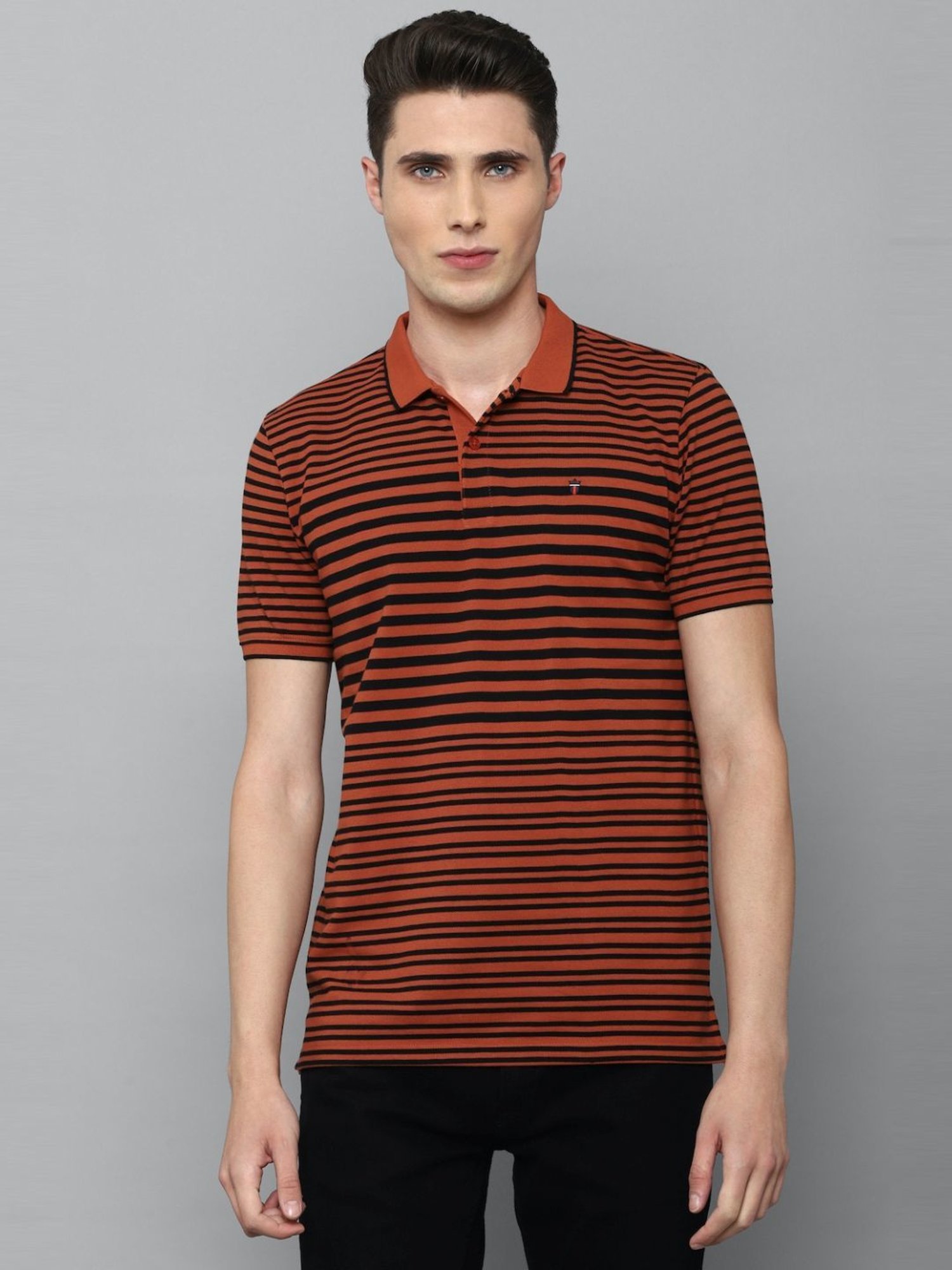 Louis Philippe Sport Black & Orange Cotton Slim Fit Striped Polo T-Shirt