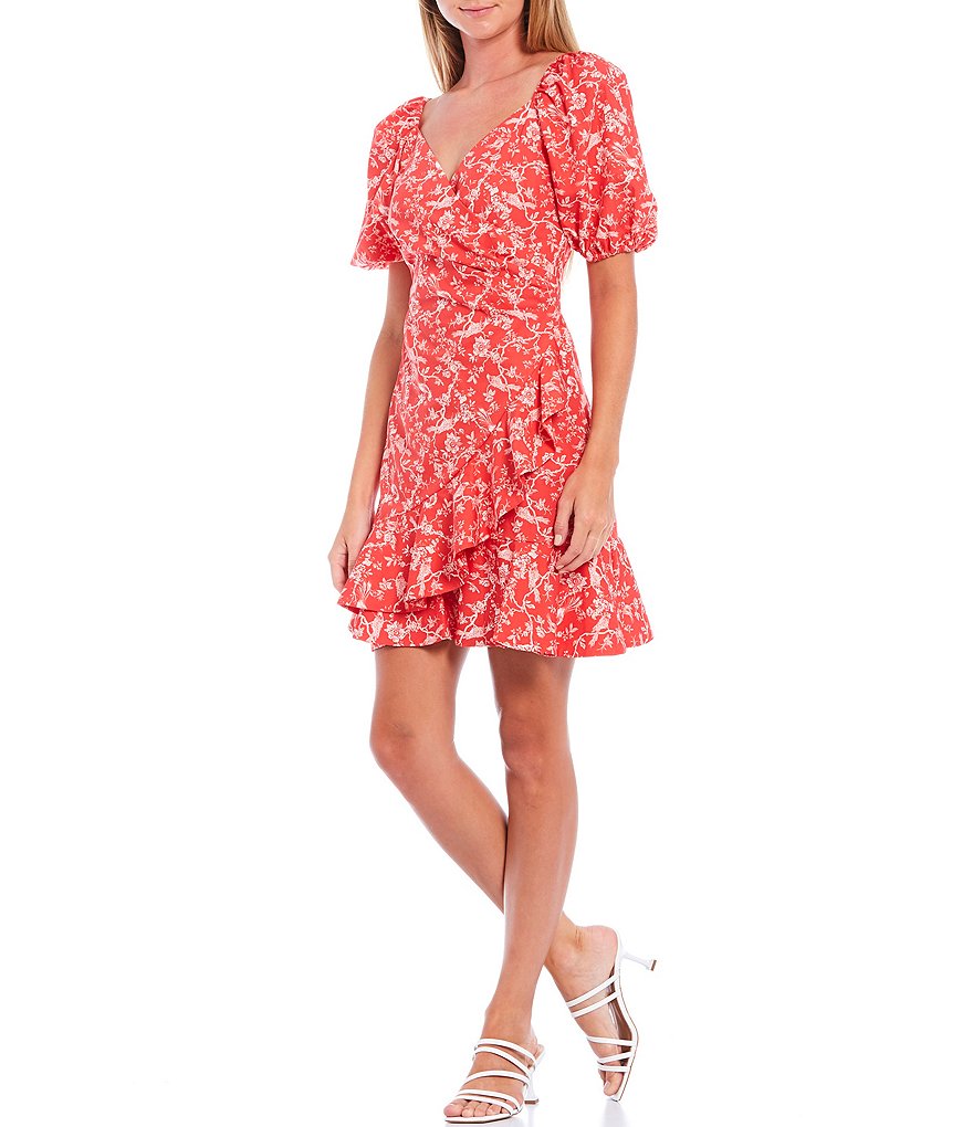 Sachin & Babi Catherine Puff Sleeve Ruffle Hem Faux Wrap Mini Dress