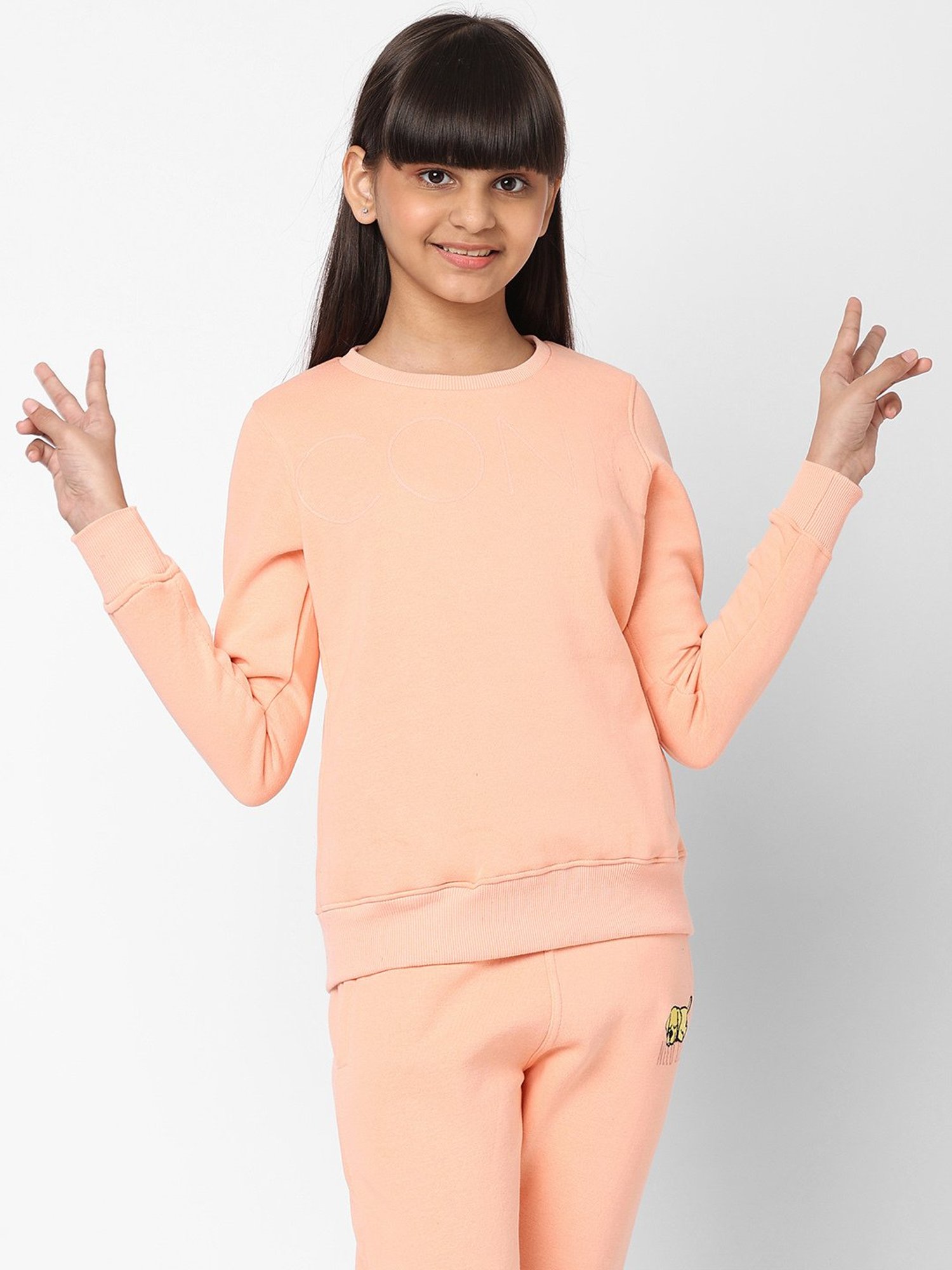 Sweet Dreams Girls Peach Solid Full Sleeves Sweater