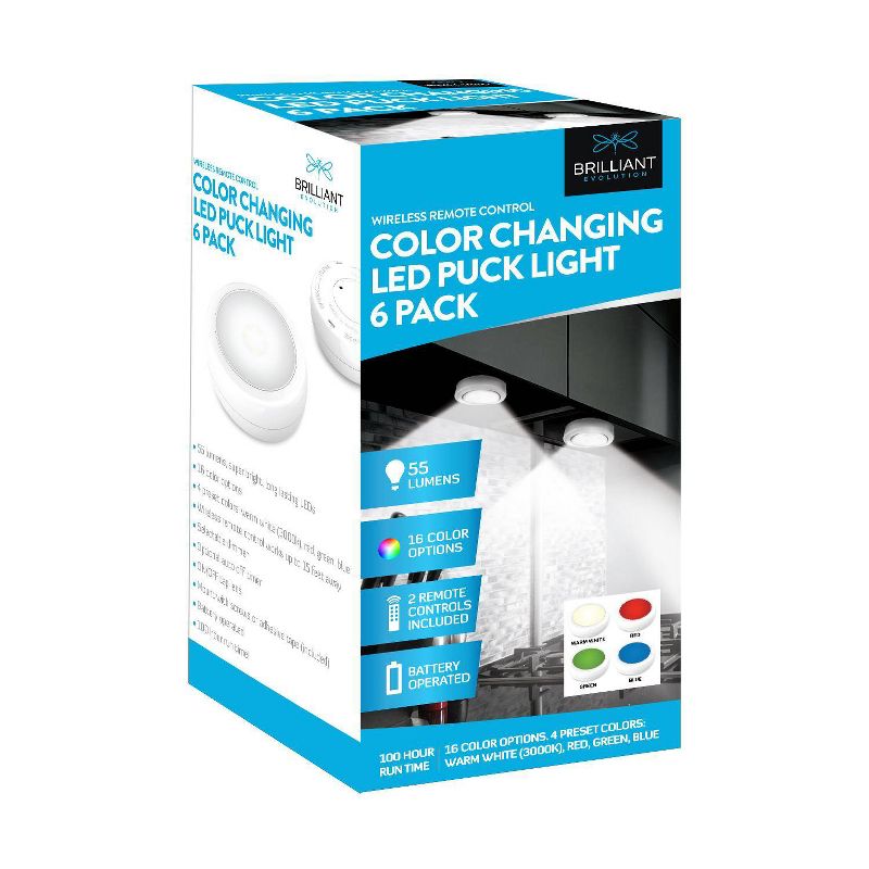 Brilliant Evolution 6pk Wireless Color Changing LED Under Cabinet Puck Light With 2 Remotes