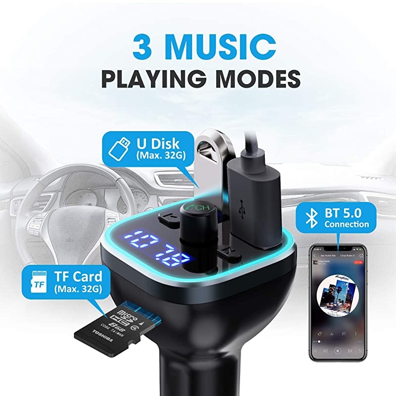 Bluetooth FM Transmitter for Car BT 50 QC30 Wireless Bluetooth FM Audio Adapter Music Player Car Kit with LED Backlit HandsFree Calling 2 USB Ports HiFi Music Support U DiskTF Card