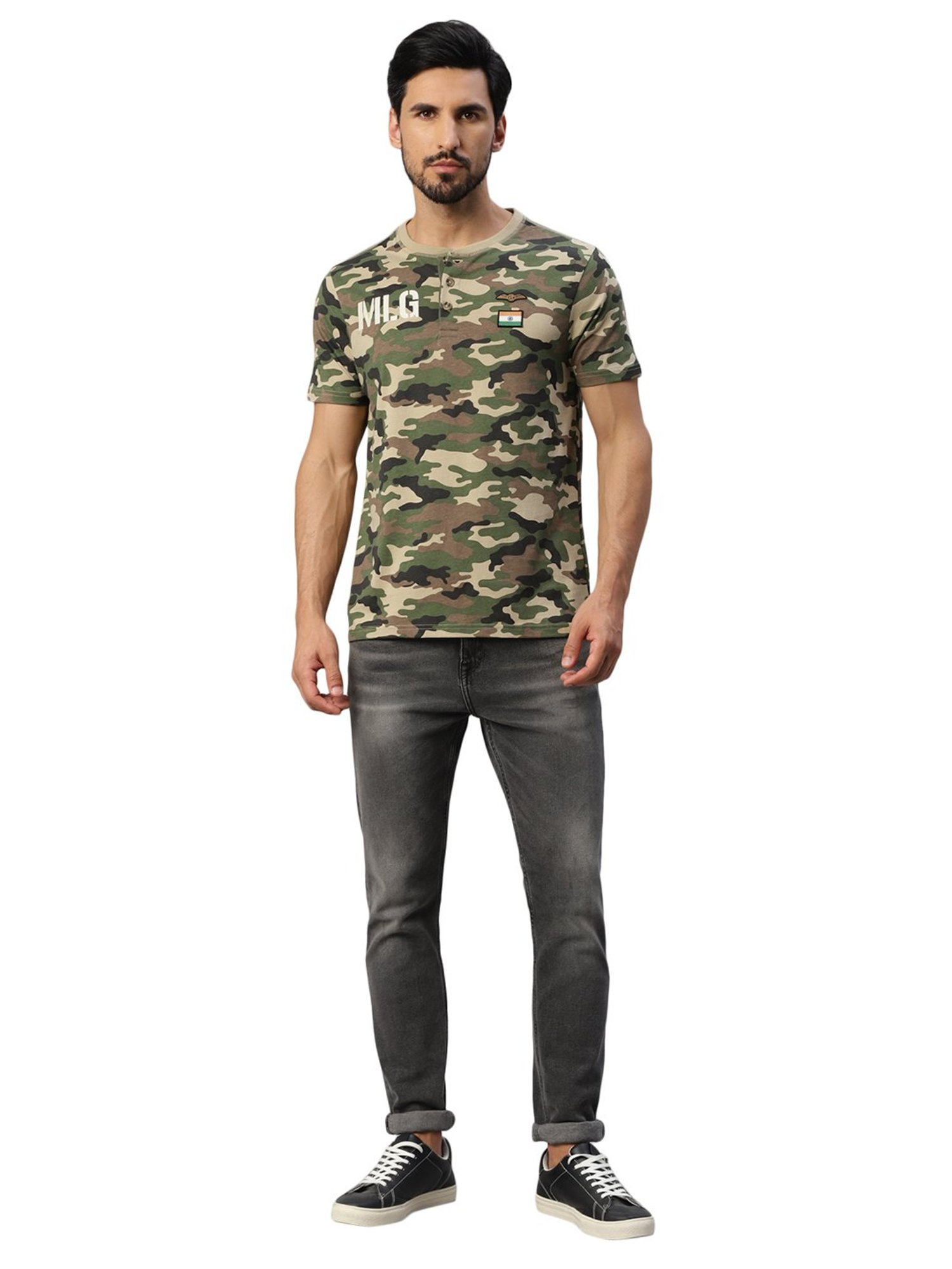 Royal Enfield MLG Urban Olive Regular Fit Camo Print Henley T-Shirt