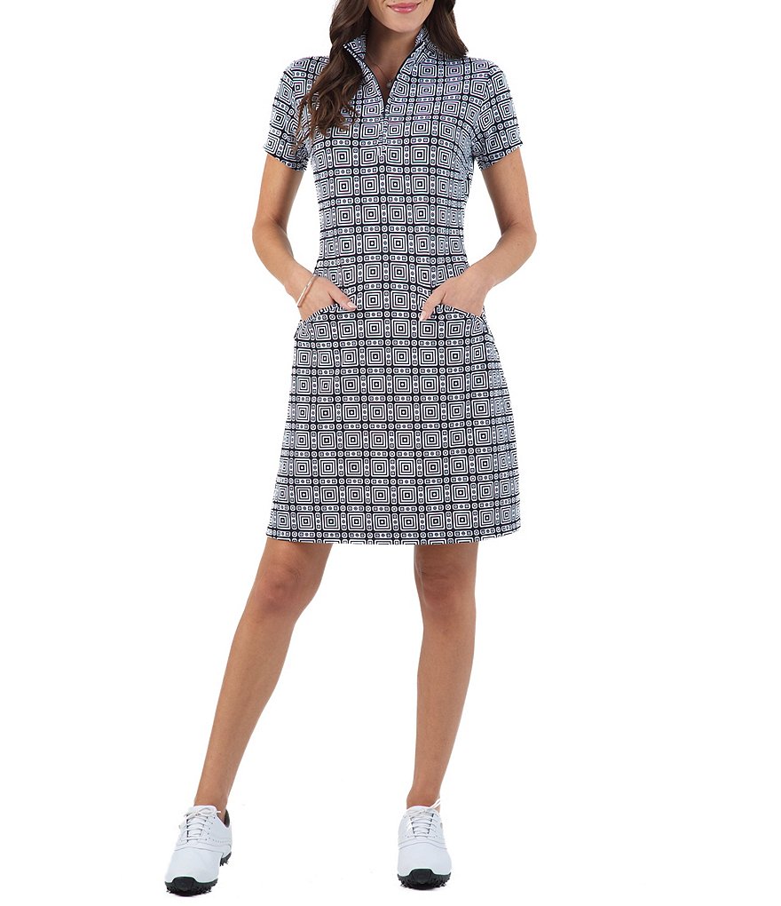 IBKUL Pricilla Print Short Sleeve Point Collar Mock Dress