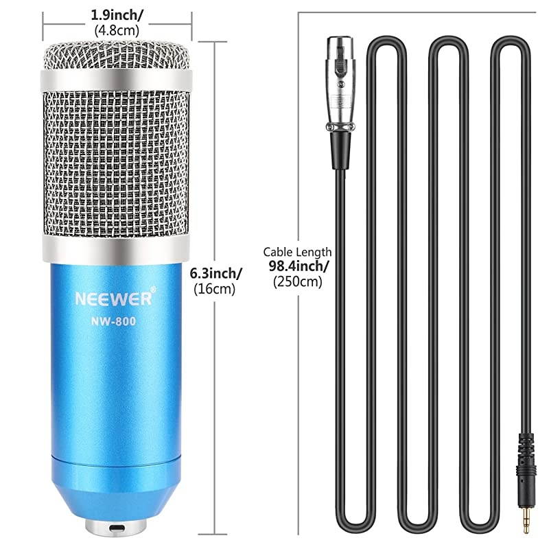 NW800 Professional Studio Microphone Set Including 1NW800 Professional Condenser Microphone 1Microphone Shock Mount 1Balltype Antiwind Foam Cap 1Microphone Power Cable Blue