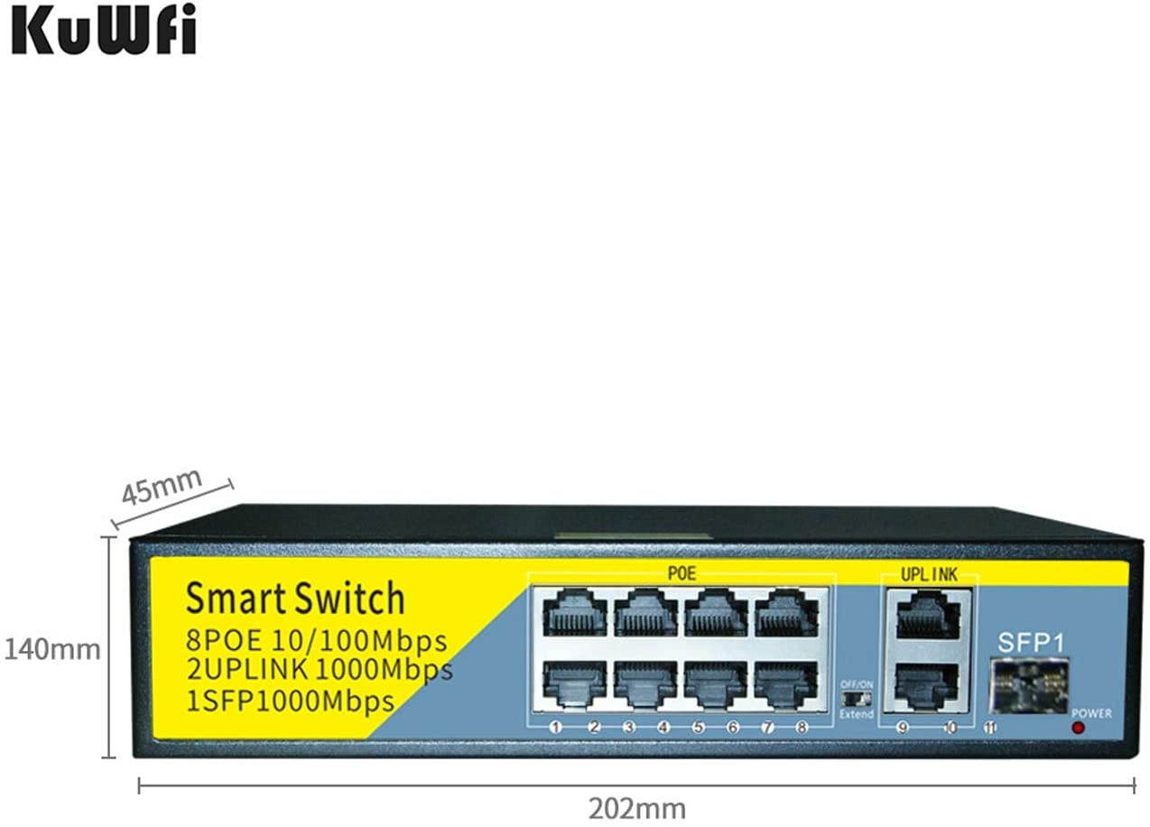 KuWFi Gigabit Ethernet Network Switch 11-Port PoE 2 Port Uplink 1 SFP 802.3AT/AF 120W Cat5 Unmanaged Metal Smart Desktop Network Power Over Ethernet Injector