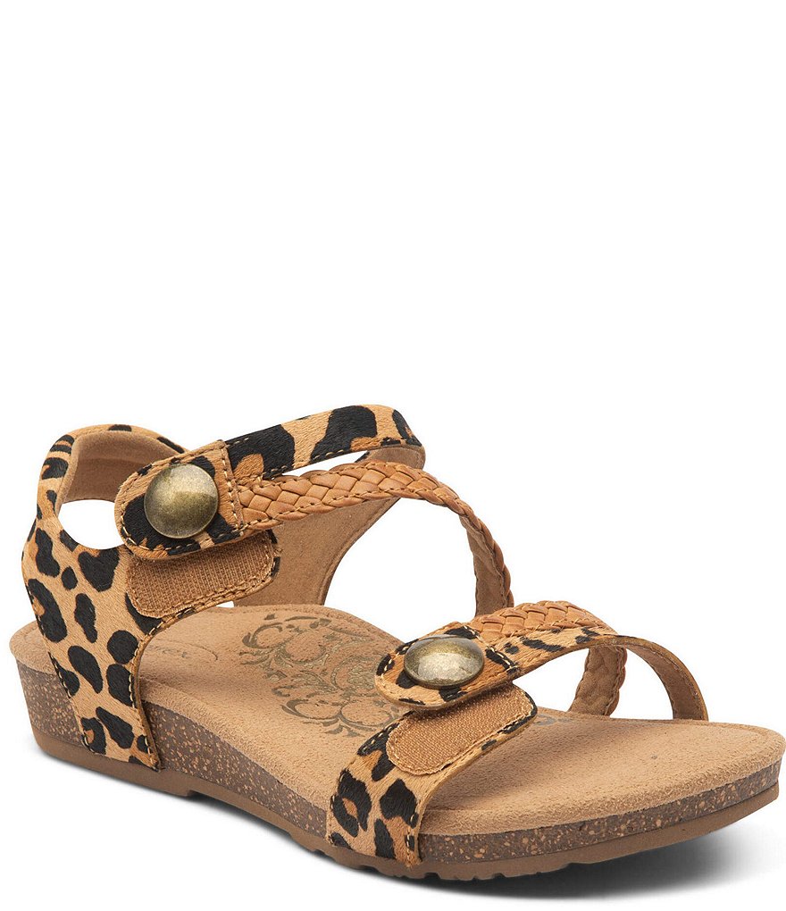 Aetrex Jillian Braided Quarter Strap Leopard Print Leather Cork Wedge Sandals