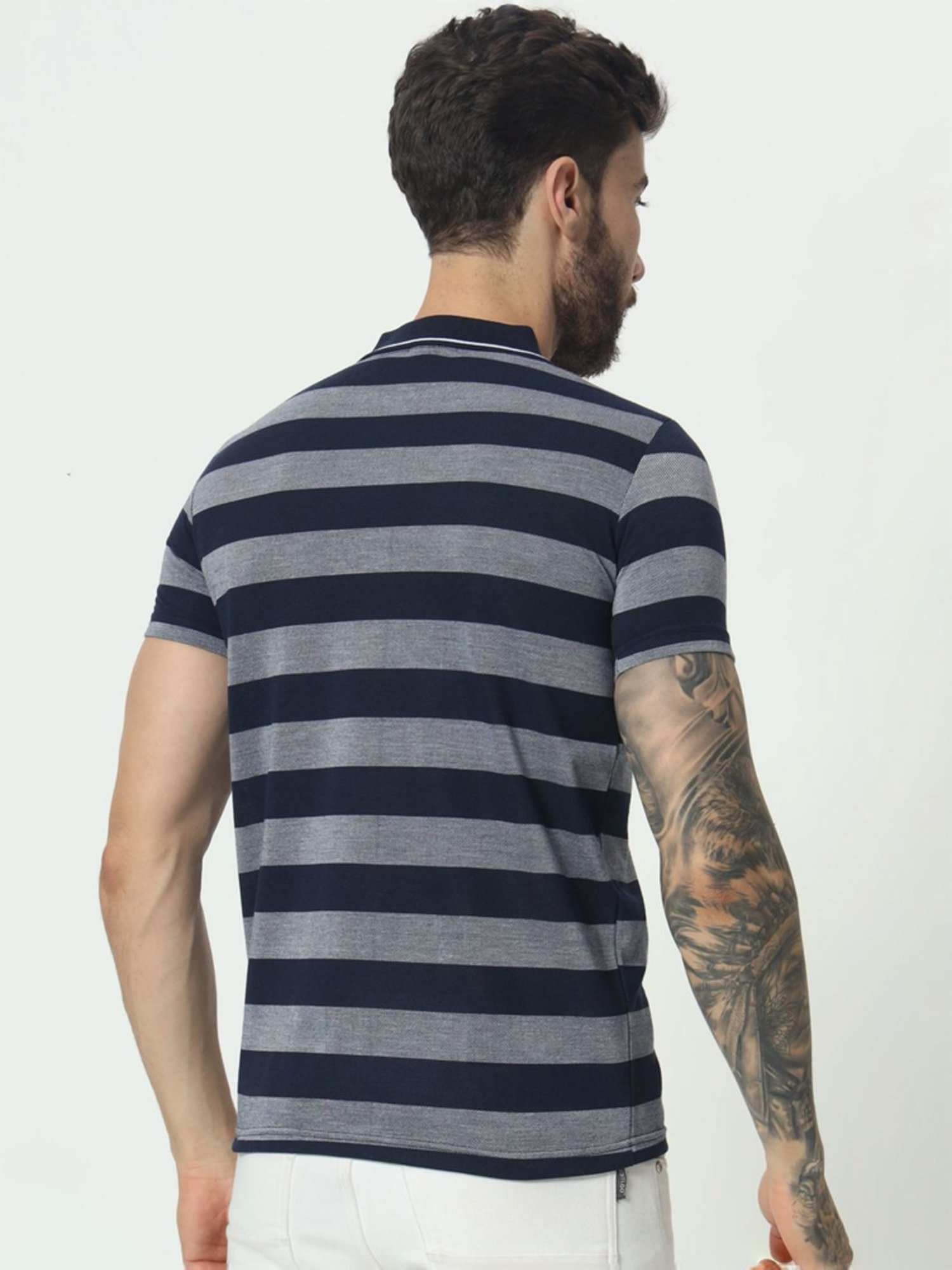 Tab91 Blue Regular Fit Striped Polo T-Shirts