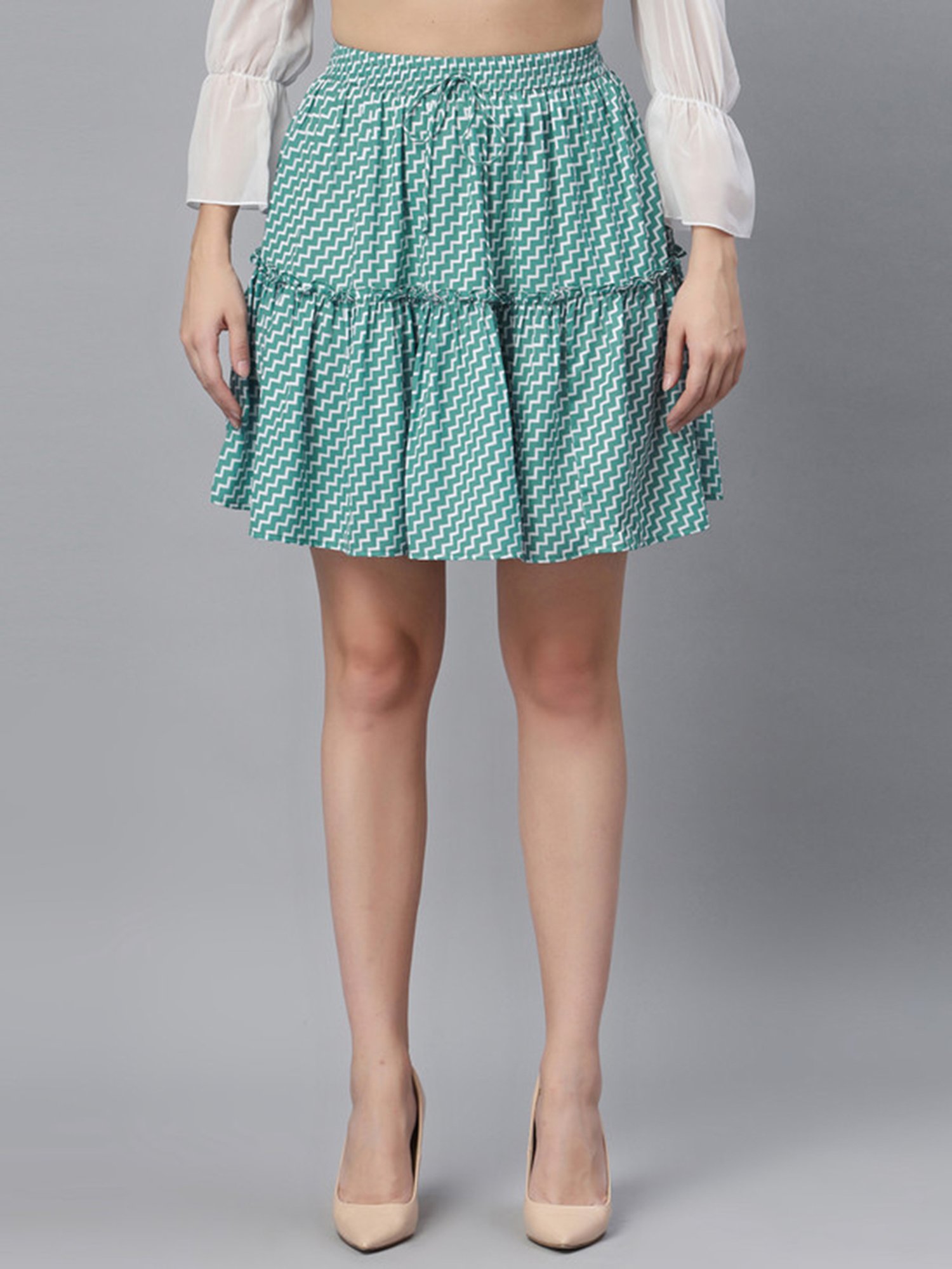 SELVIA Sea Green & White Georgette Printed Mini Skirt