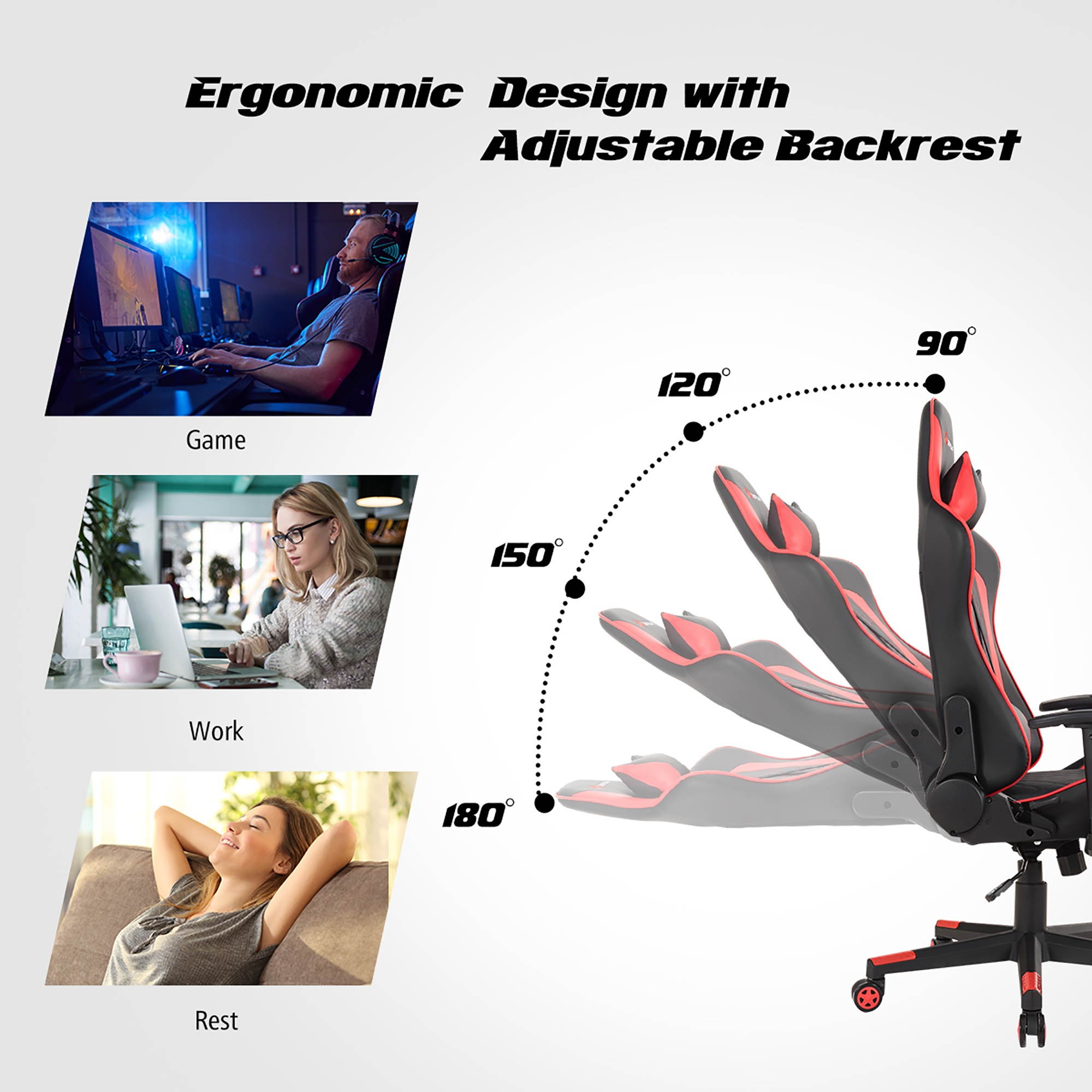 Massage Gaming Chair Reclining Racing Chair w/Lumbar Support and Headrest Red