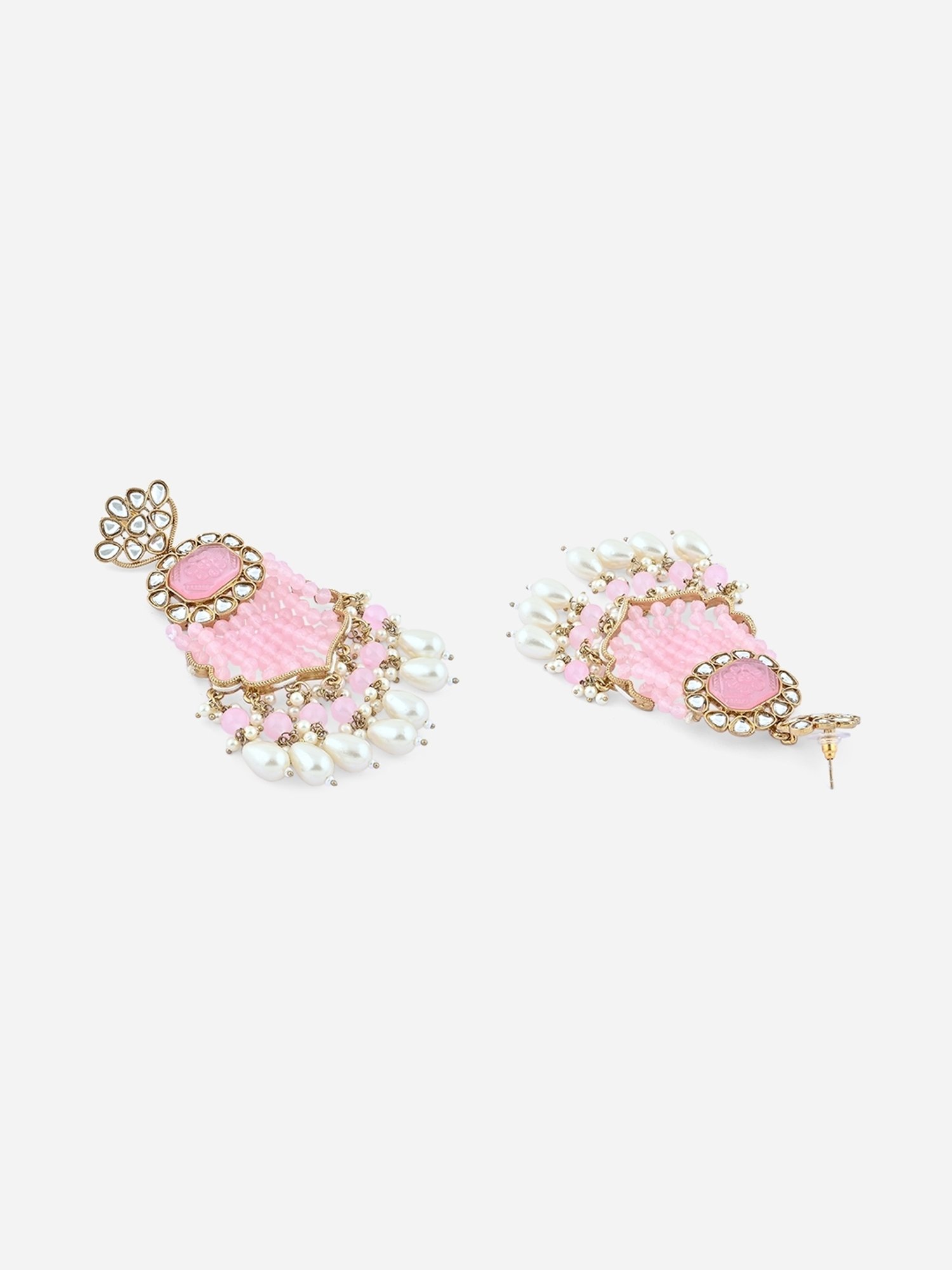 Fida Pink & White Pearl Kundan Dangler Earrings for Women