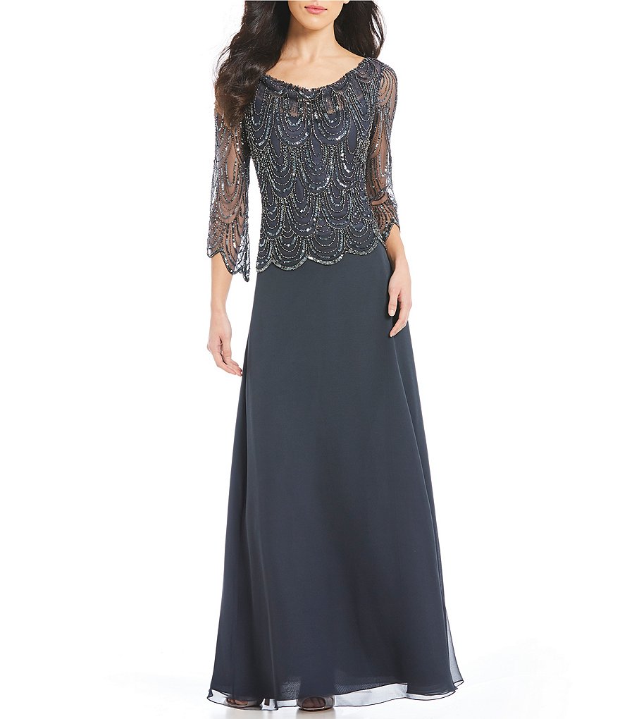 Jkara Cowl Neck Beaded Bodice Chiffon Gown