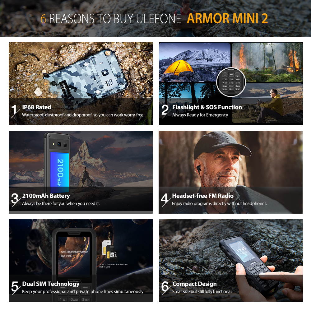 ulefone ARMOR MINI2 Rugged celltphone Unlocked, 32MB RAM + 32MB ROM Cell Phone 2100mAh Battery Support 2G network, feature phone