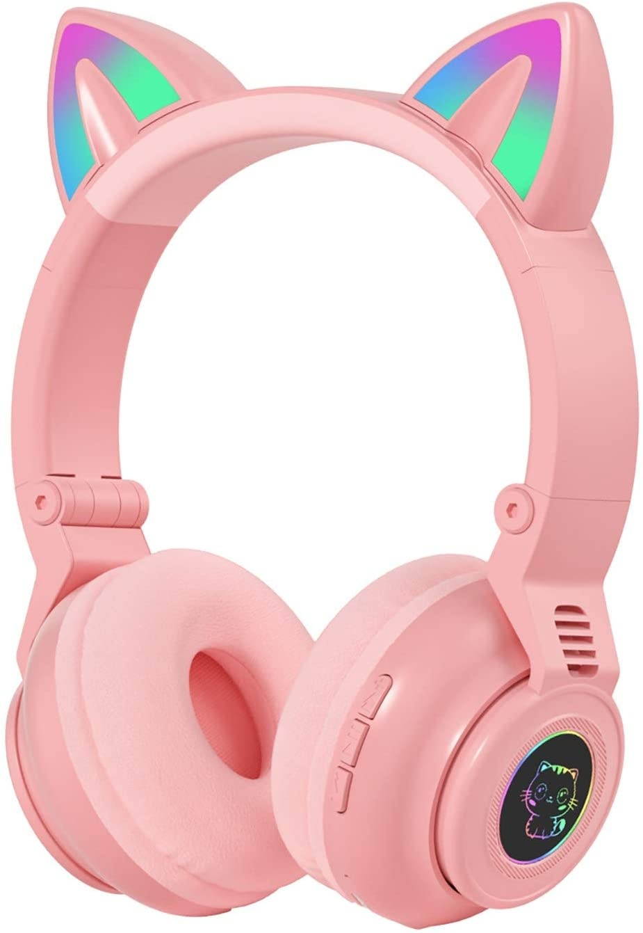 Cat Ear Headphones Bluetooth 5.0 Pink Stereo Gaming Headset with MIC, Foldable Wireless Noise Cancelling Headphone, Fashion Luminous Headset for Kids & Adults (Pink)