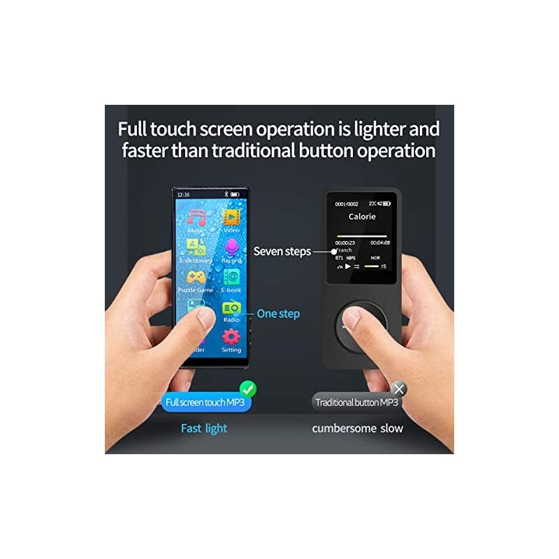 MP3 Player with Bluetooth 5.0, High Resolution and Full Touch Screen, Built-in Speaker, 8GB HiFi Lossless Sound Player with FM Radio, Voice Recorder, Supports up to 128GB, Black