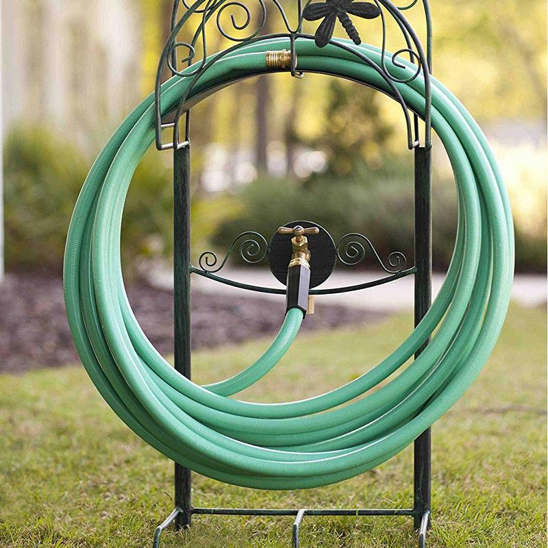 Liberty Garden 5-Prong Gauge Steel Dragonfly Garden Water Hose Stand with Brass Bib and Patina Powder Coated Finish