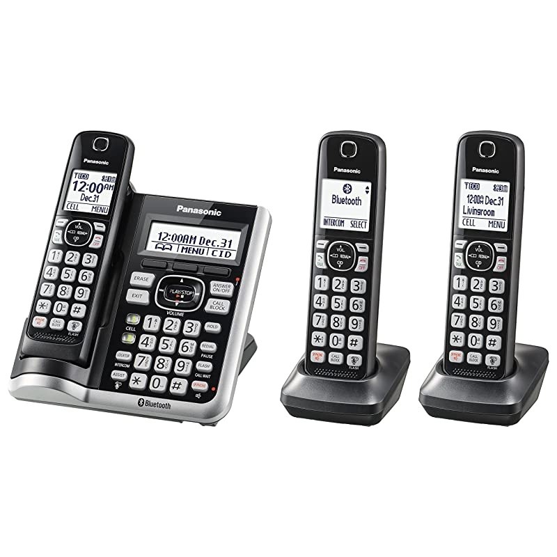 Link2Cell Bluetooth Cordless Phone System with Voice Assistant Call Blocking and Answering Machine DECT 60 Expandable Cordless System 3 Handsets KXTGF573S Silver