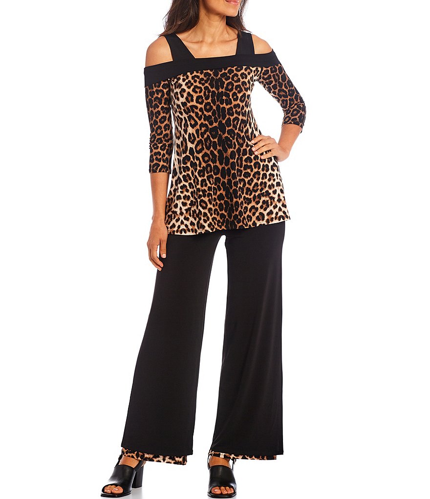 Eva Varro Leopard Print Off-the-Shoulder 3/4 Sleeve Coordinating Knit Tunic