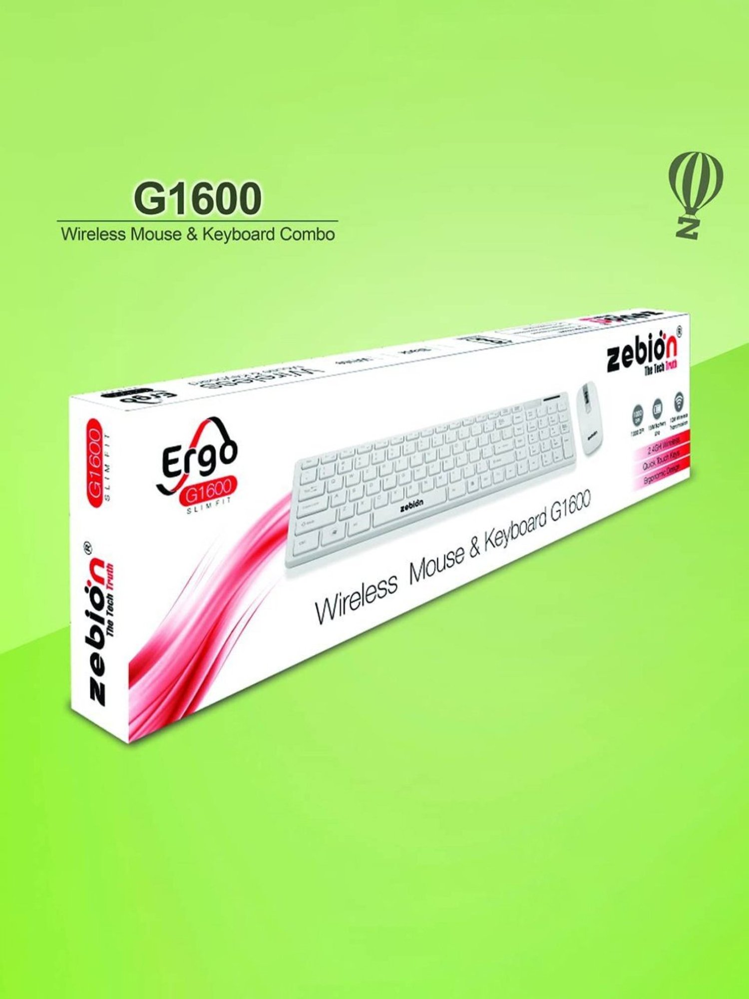 Zebion G1600 Wireless Keyboard Mouse Combo and Pronto 101 USB HUB (White)
