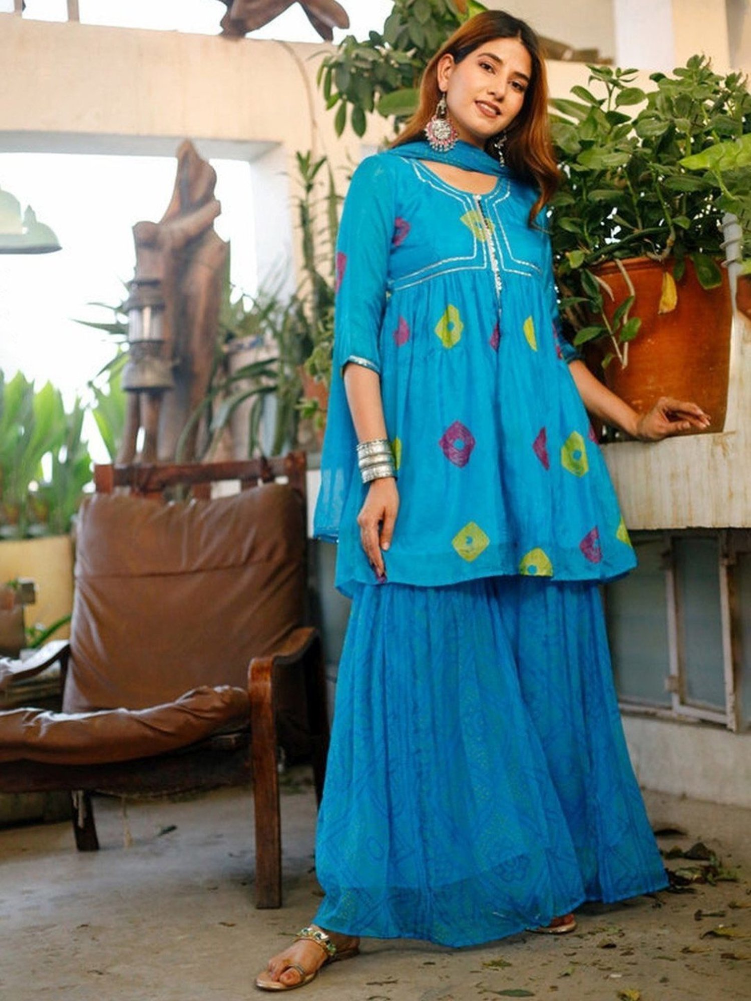 Thread and Button Blue Brig Bandhej Kurta and Palazzo with Dupatta