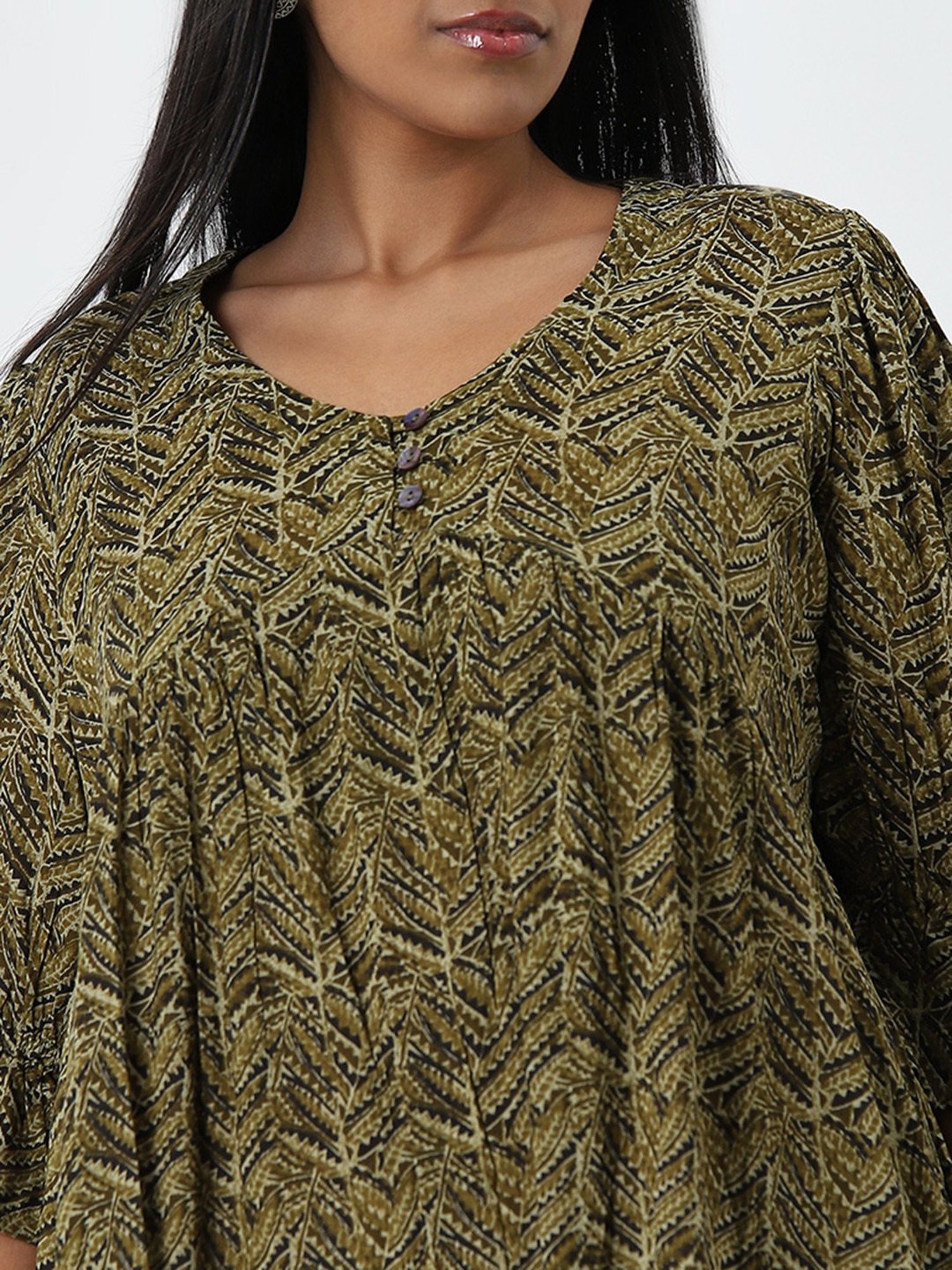 Diza by Westside Olive Leaf Printed Fit-and-Flare Tiered Dress