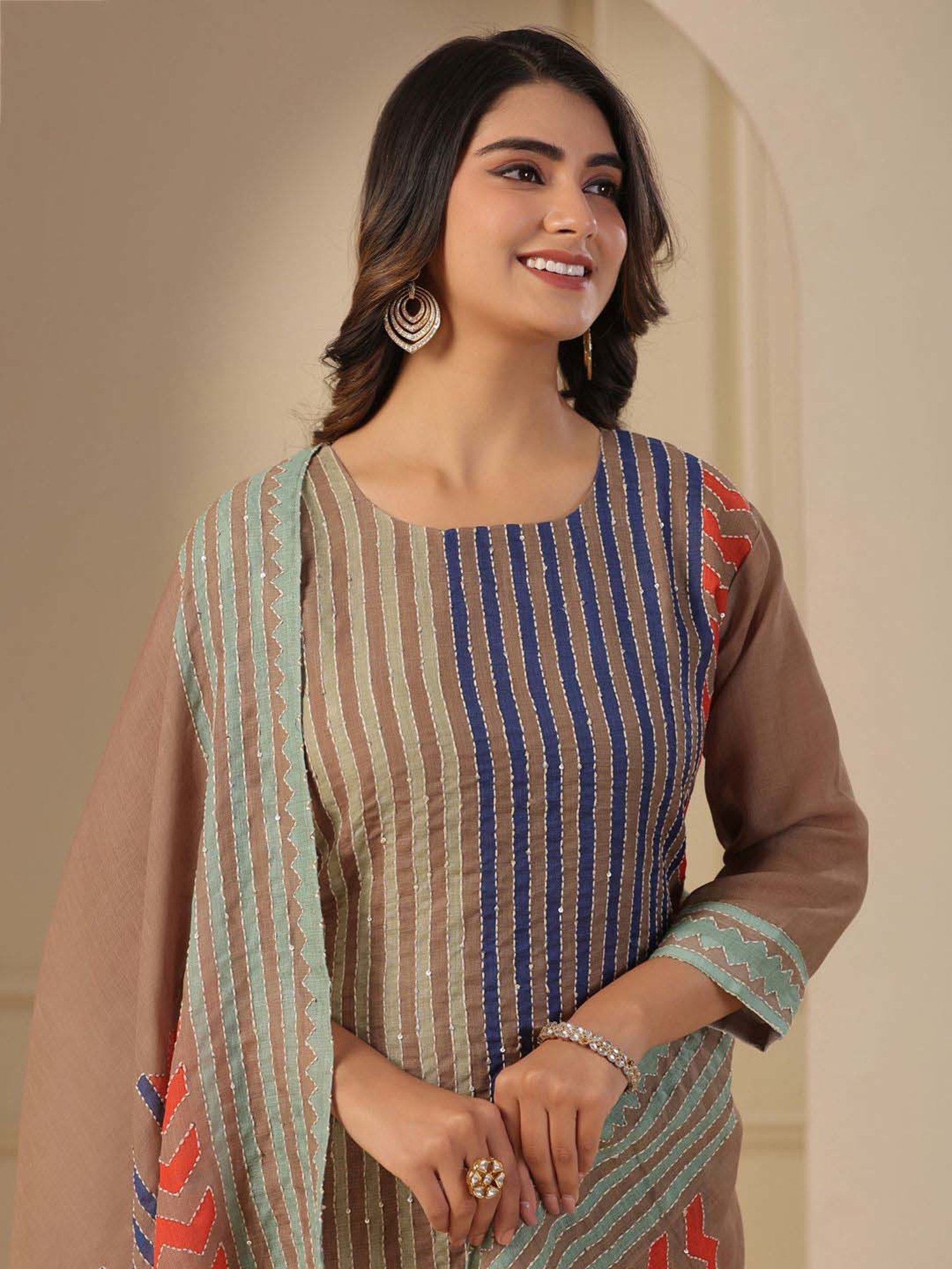 Fashor Brown & Blue Cotton Striped Kurta & Pant Set With Dupatta