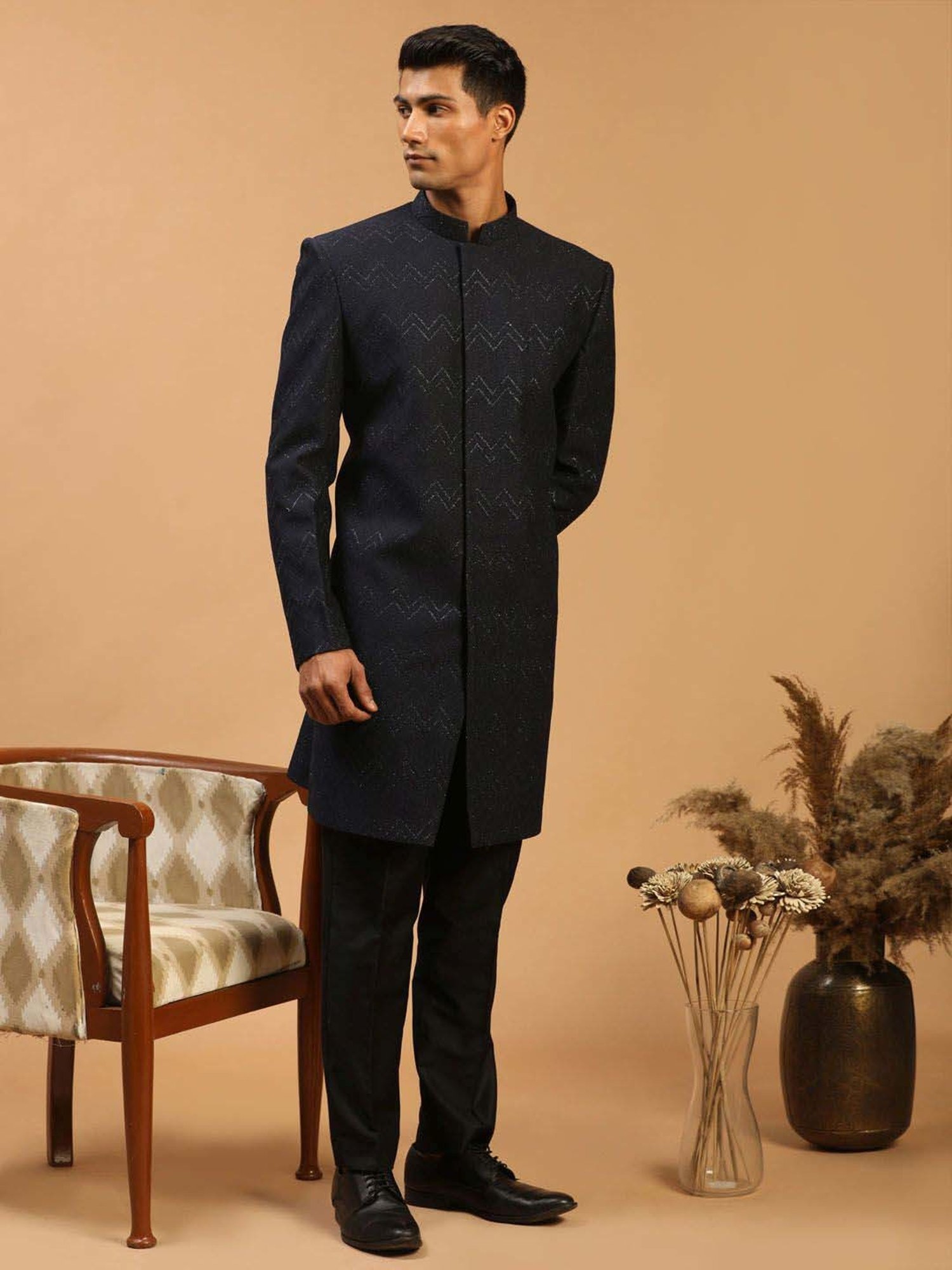 Vastramay Navy Regular Fit Embellished Sherwani Set