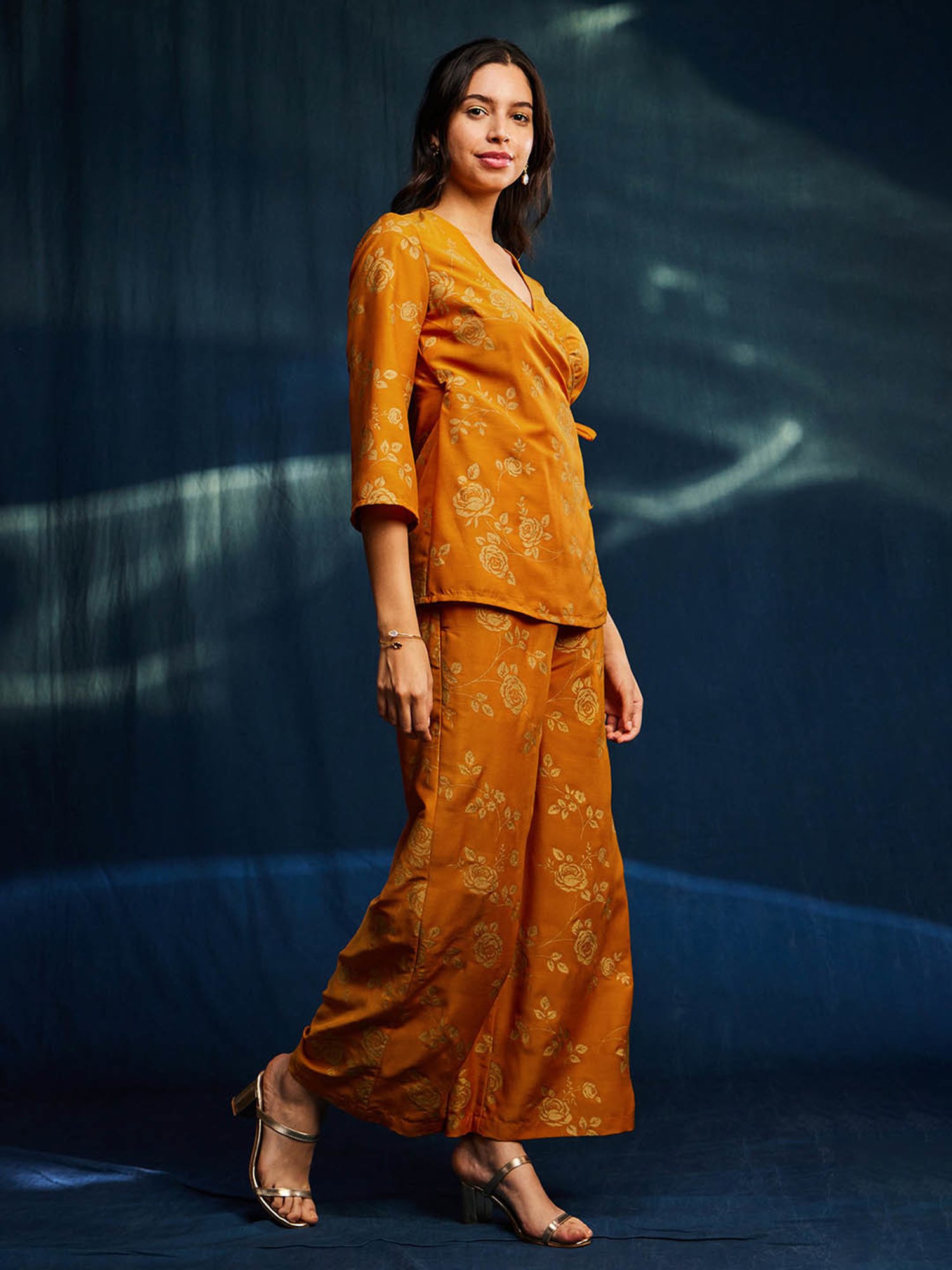 Pink Fort Yellow Floral Print Wrap Top With Pants