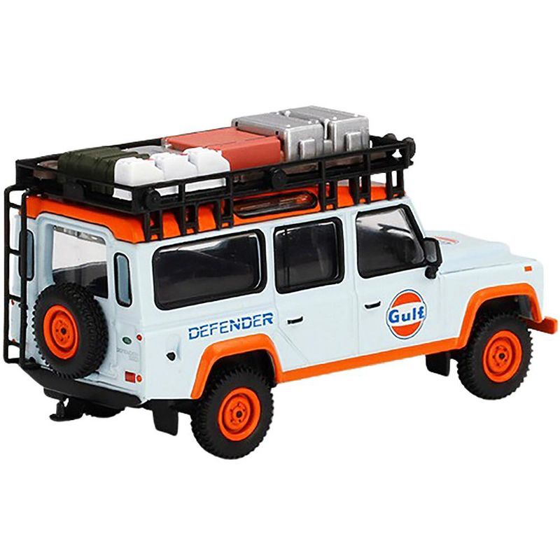 Land Rover Defender 110 with Roof Rack & Accessories "Gulf" Light Blue & Orange 1/64 Diecast Model Car by True Scale Miniatures