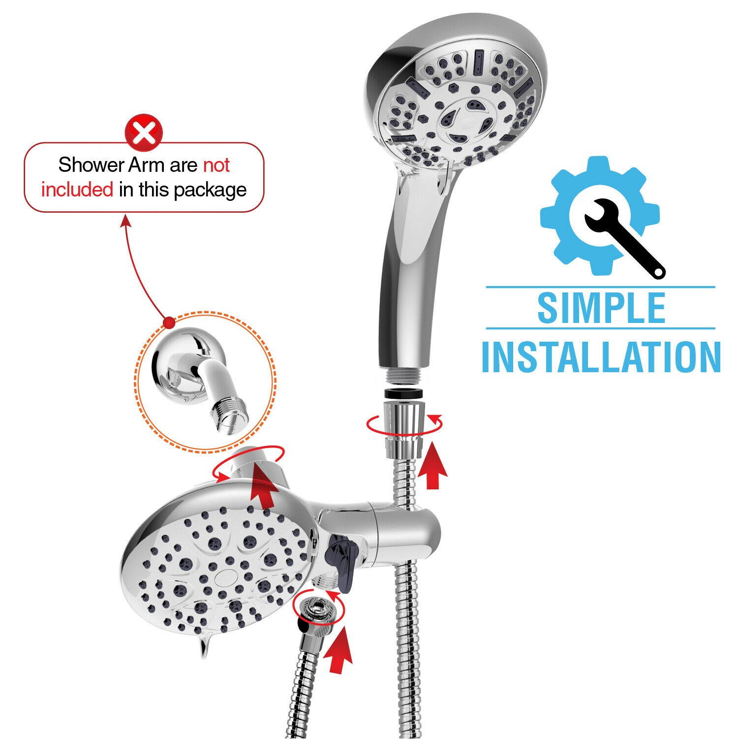 3-Way High Pressure Dual Shower Head Combo 6 Spray Settings Rain Shower 2.5 GPM
