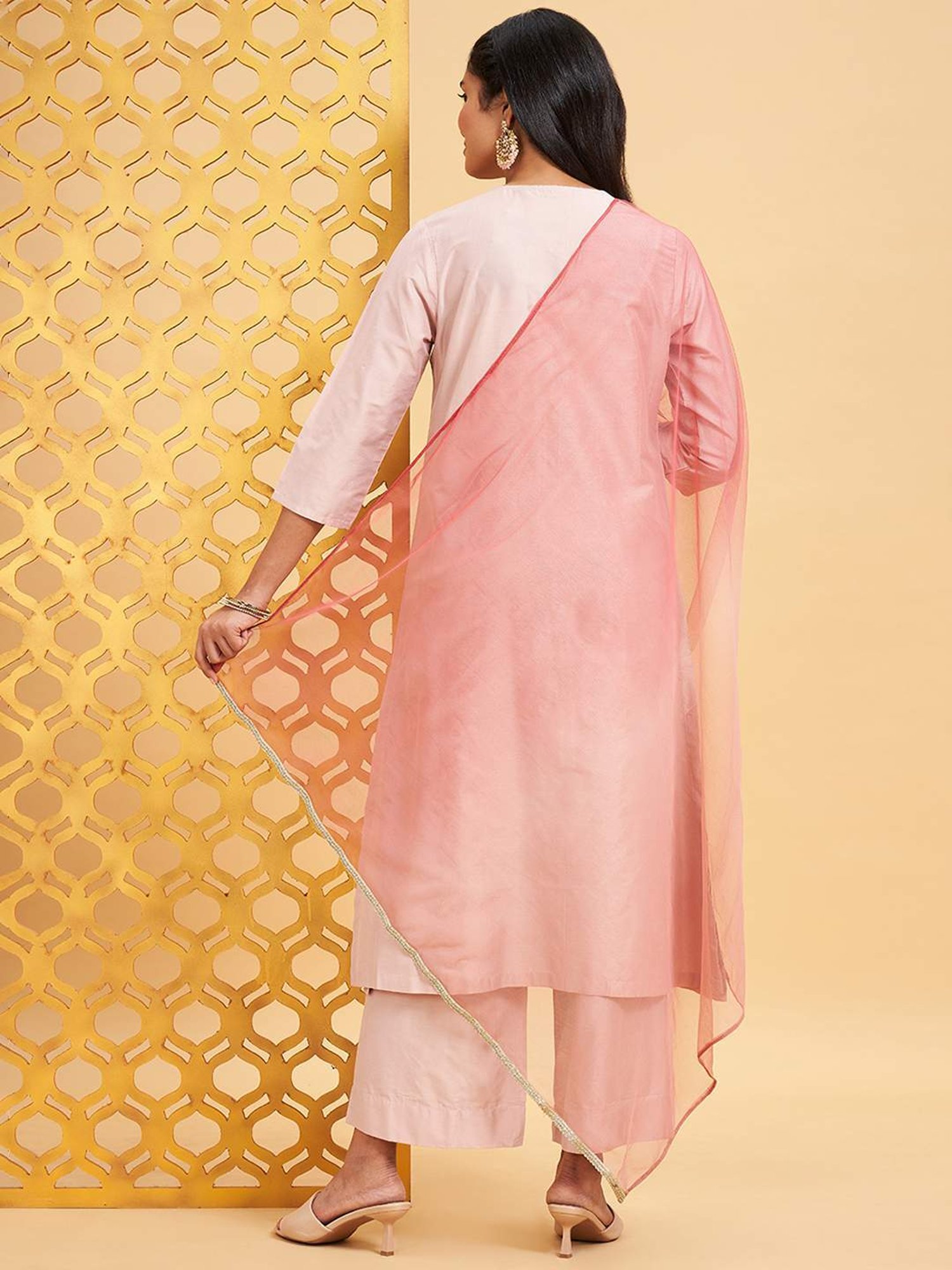 Rangmanch by Pantaloons Peach Embroidered Kurta Palazzo Set With Dupatta