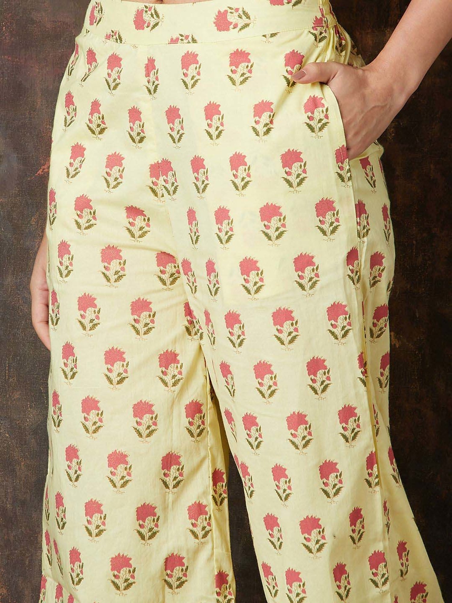 Melange by Lifestyle Yellow Cotton Printed Kurta Palazzo Set