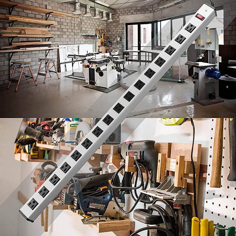 WideSpaced 16Outlet Metal Surge Protector Power Strip with 12ft Long Extension Cord 450 Joules 15A Switch with Circuit Breaker Silver