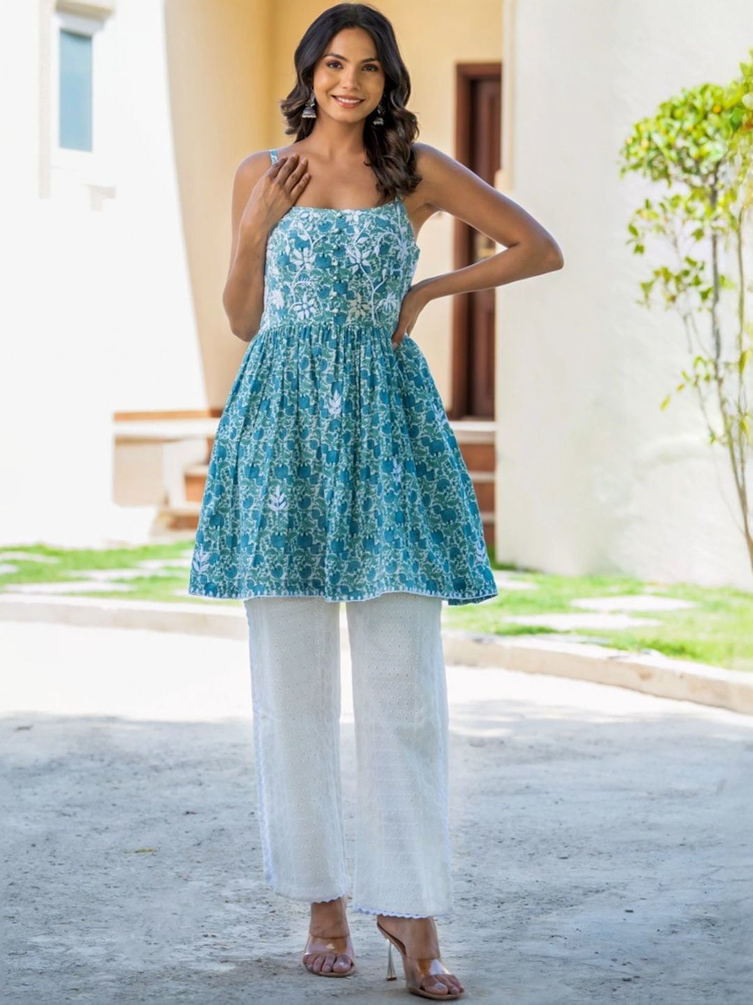 HOUSE OF JAMOTI Blue & White Cotton Printed Tunic Palazzo Set