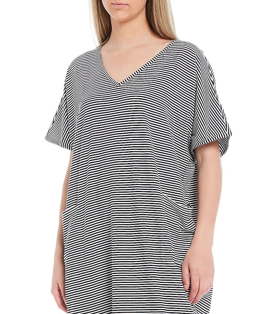 Kate Landry Striped V-Neck Short Sleeve Knit Midi Lounge Dress