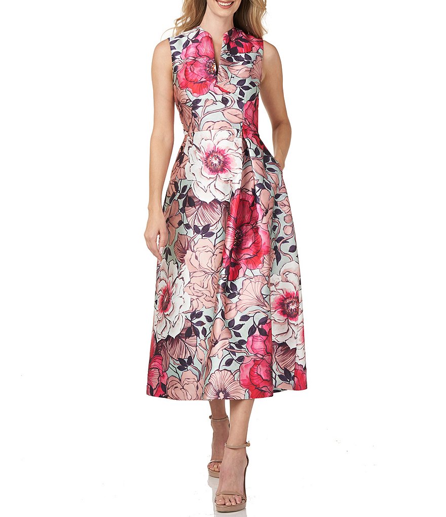 Kay Unger Floral Mikado Split V-Neck Sleeveless A-Line Midi Dress