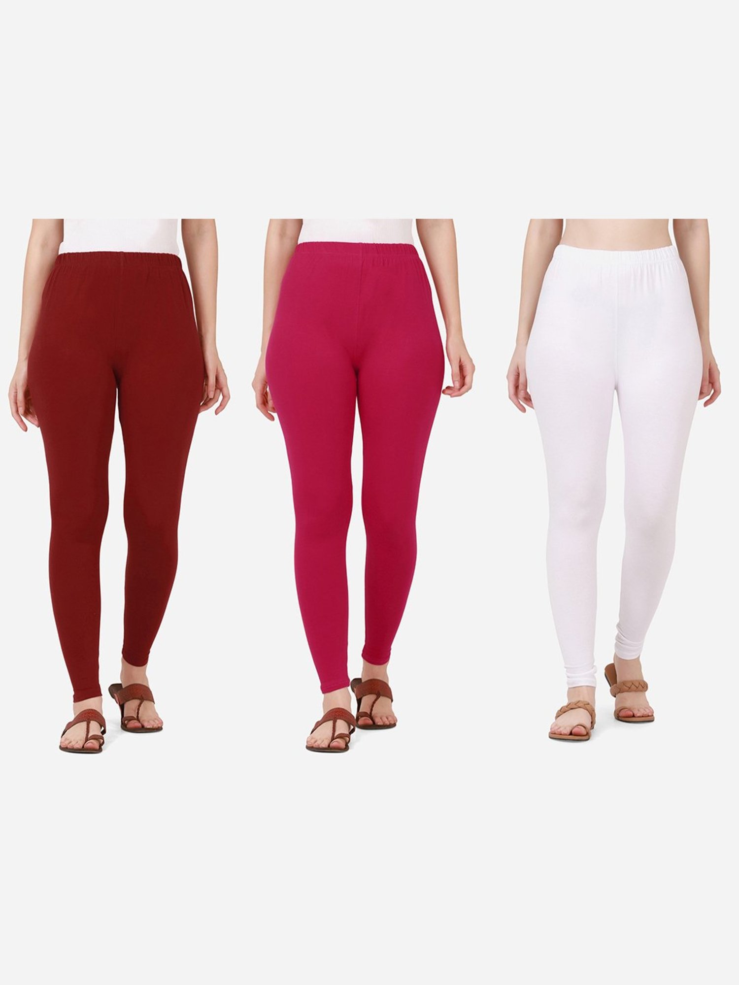 BUYNEWTREND Maroon & Pink Cotton Leggings - Pack Of 3