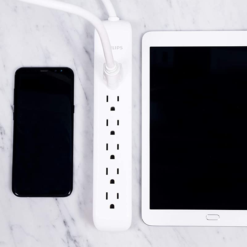 6 Outlet Power Strip Surge Protector, 4ft Power Cord, Flat Plug, Wall Mount, 720 Joules, ETL Listed, Circuit Breaker, Automatic Shutdown, White, SPP3064WE/37