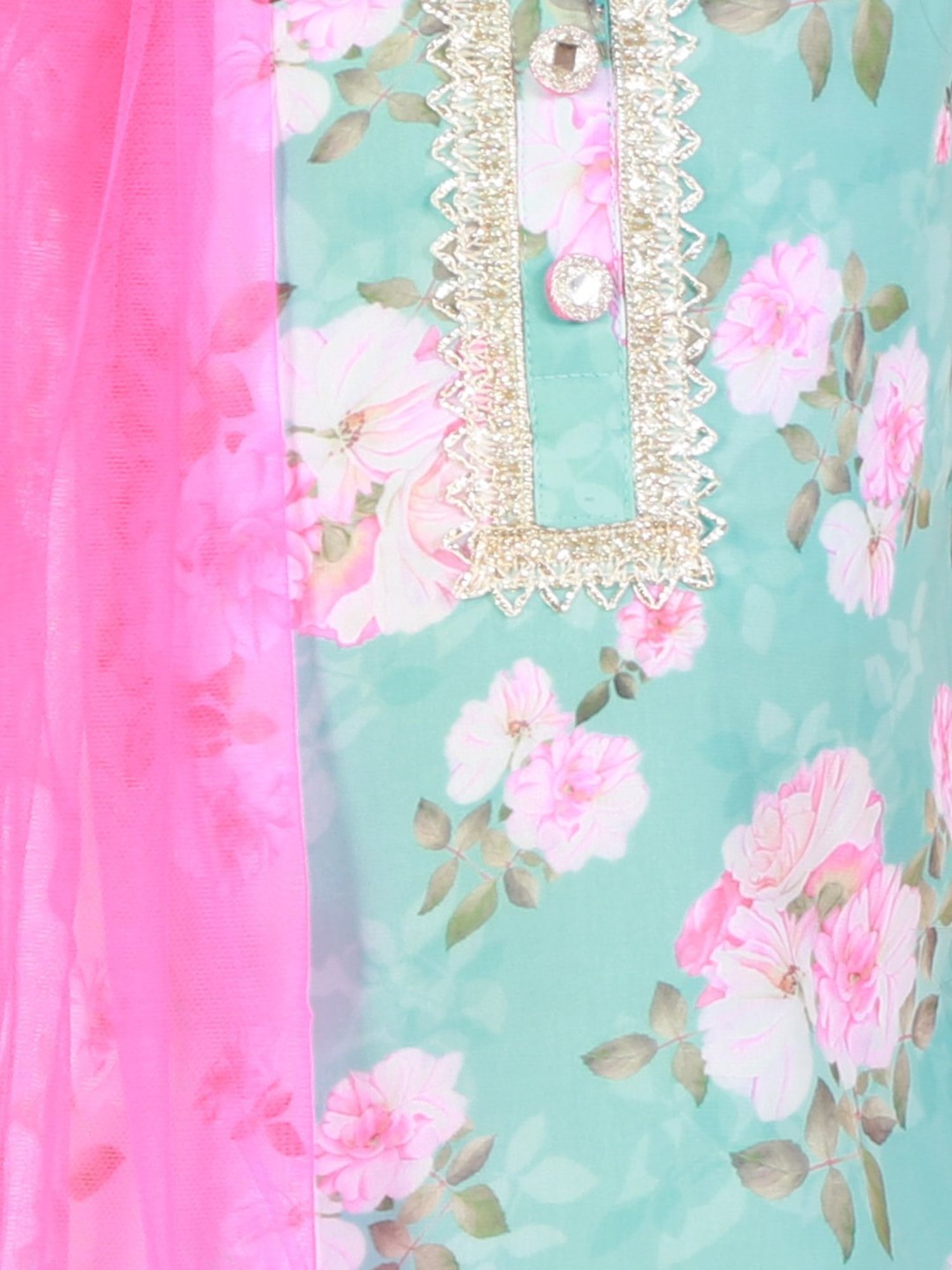 Lil Drama Kids Blue & Pink Cotton Floral Print Kurta Set