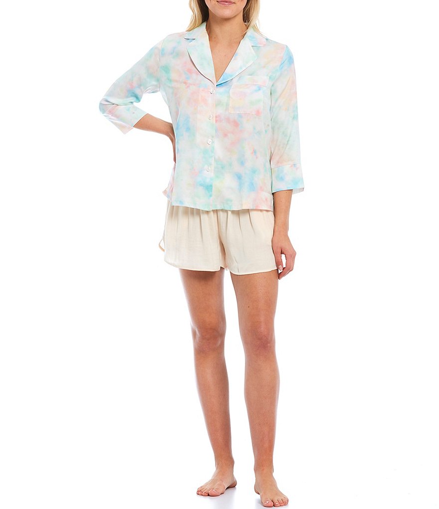 VAN WINKLE & CO. Watercolor Print 3/4 Sleeve Woven Satin Sleep Top