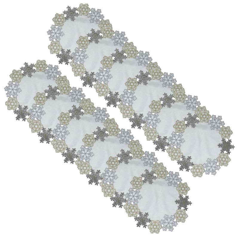 Ornate Snowflake Elegant Cutwork Winter Holiday Fabric Metallic Set of 12 Placemats - 15" Round - Elrene Home Fashions