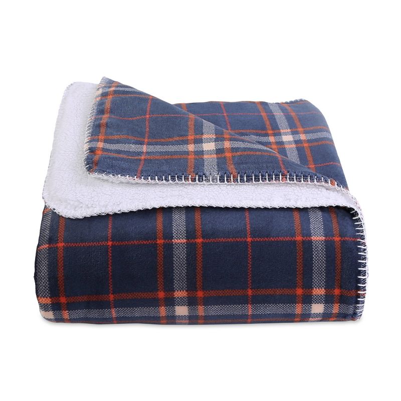 60"x70" Reversible Plaid and Sherpa Throw Blanket Navy - Better Living