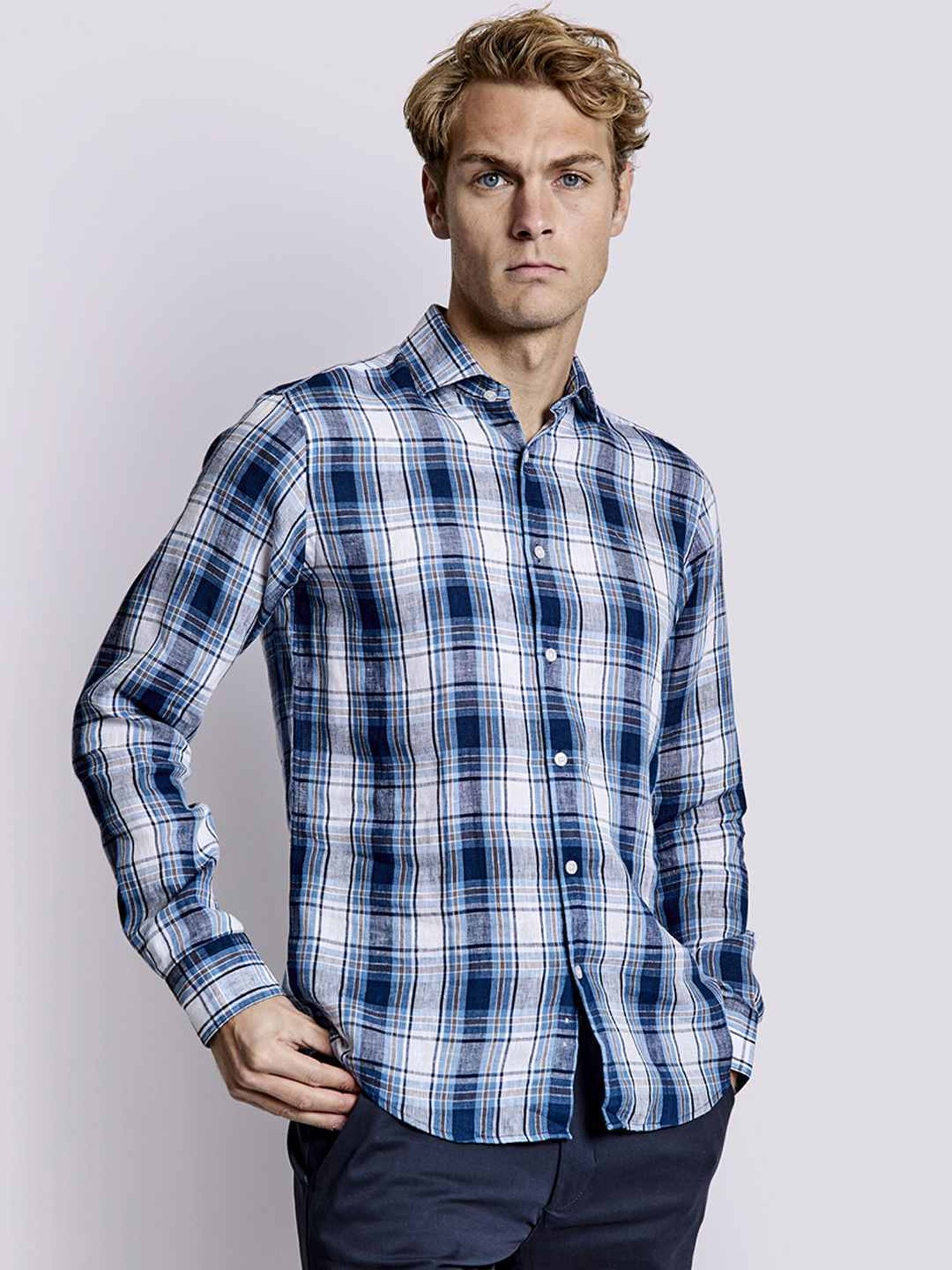 Bruun & Stengade Blue Linen Slim Fit Checks Shirt