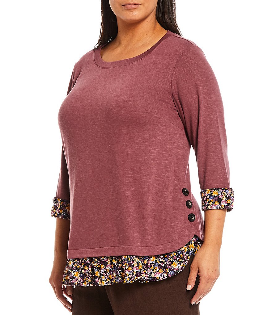 I.N. Studio Plus Size Hacci Knit Jewel Neck 3/4 Sleeve Floral Print Trim Side Button Hem Detail Twofer Top