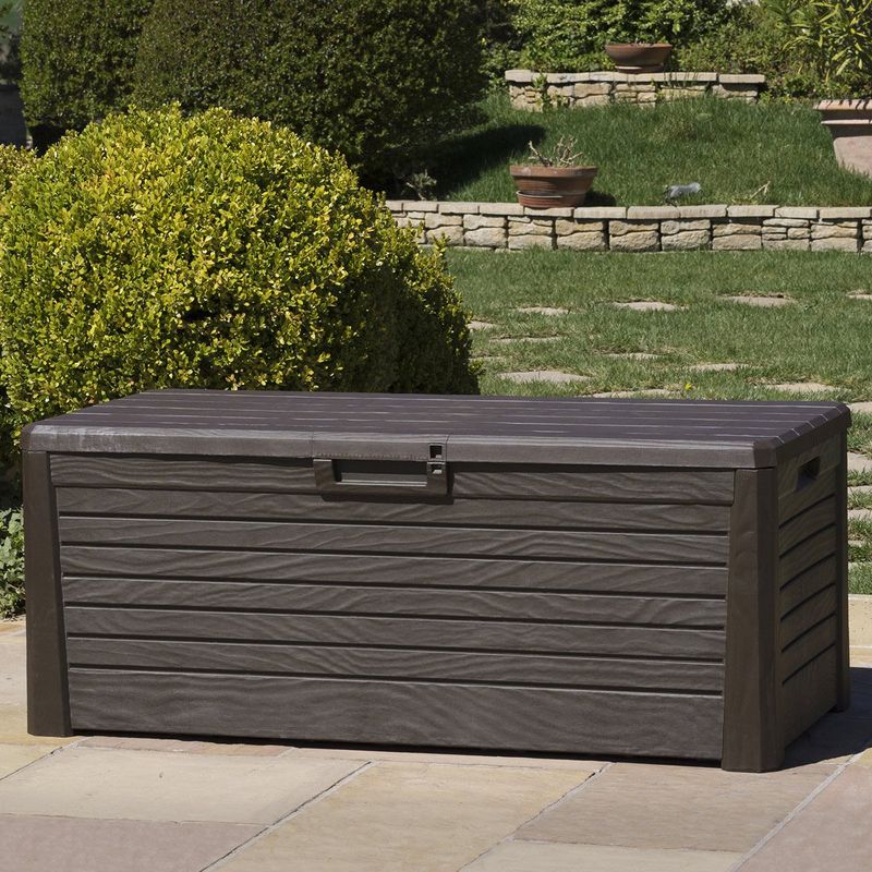 Toomax Florida UV Resistant Lockable Deck Storage Box Bench for Outdoor Pool Patio Garden Furniture or Indoor Toy Bin Container, 145 Gallon (Brown)