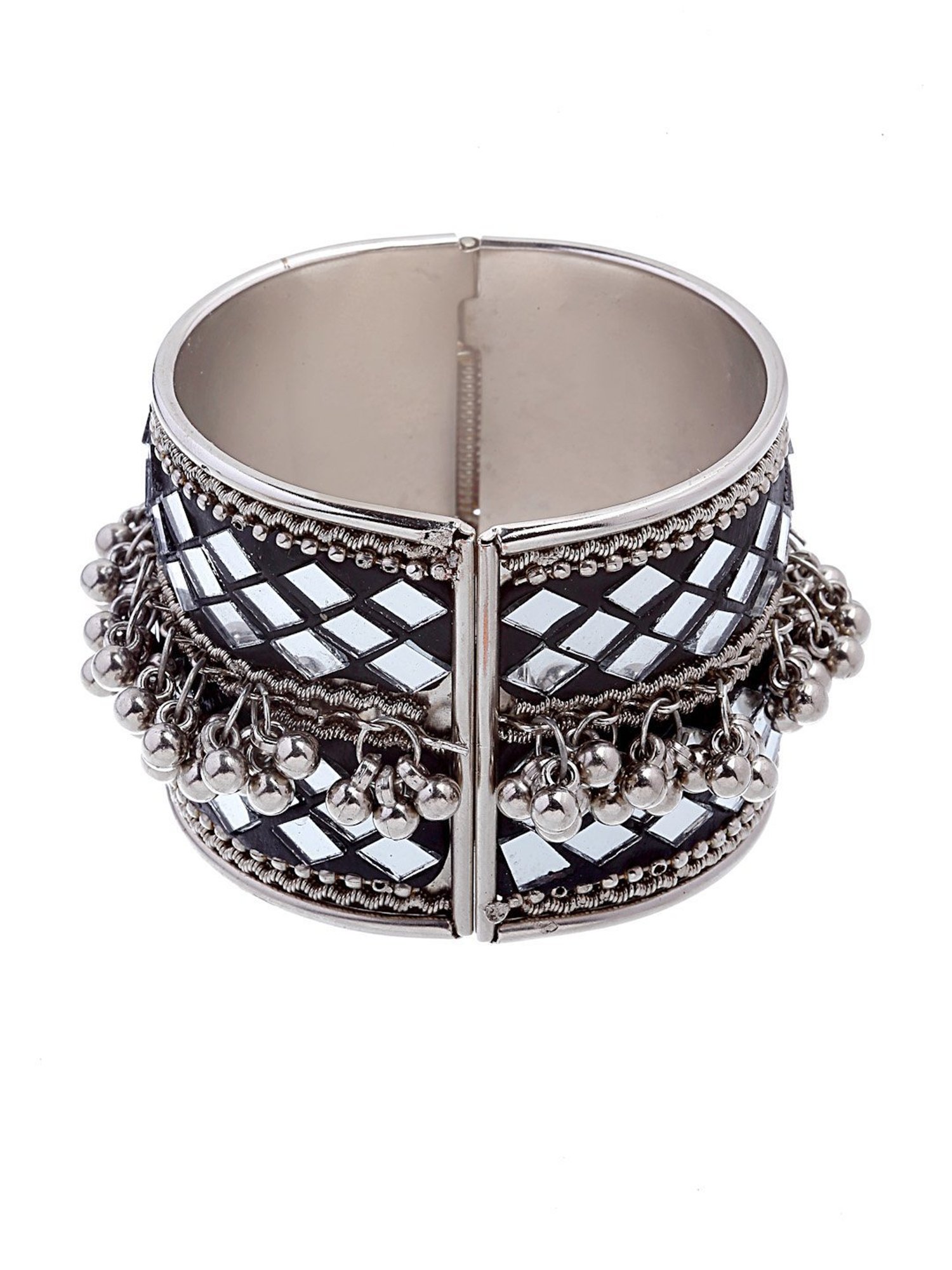 Moedbuille Mirrors & Ghungroo Studded Afghan Design Oxidised Silver Plated Handcrafted Bracelet