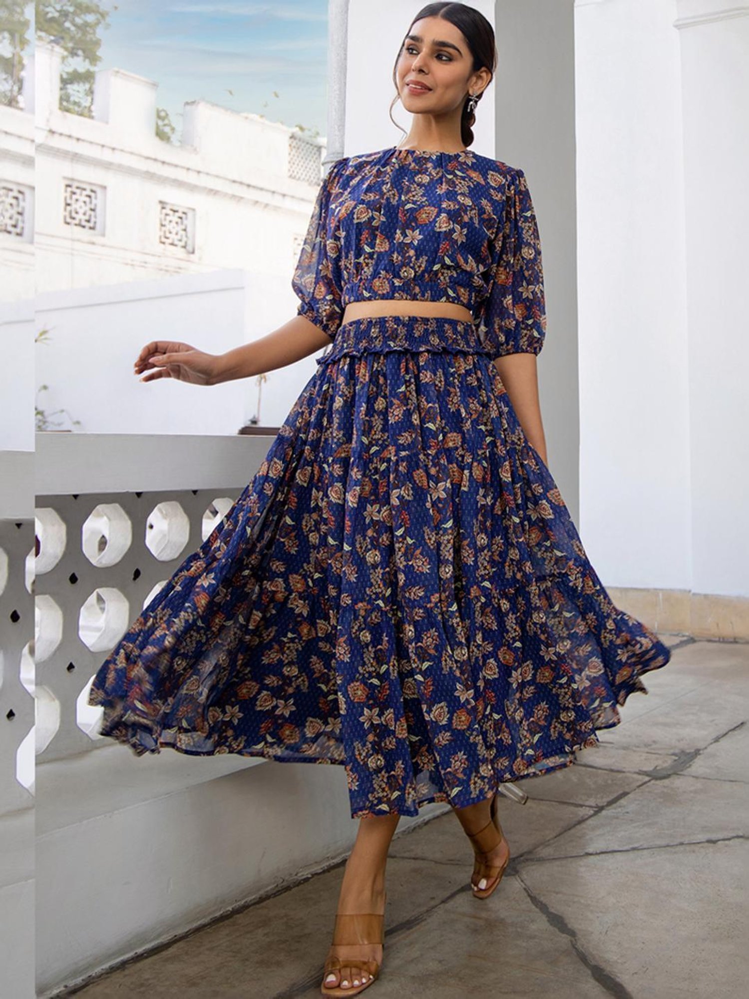 Janasya Blue Floral Print Top Skirt Set