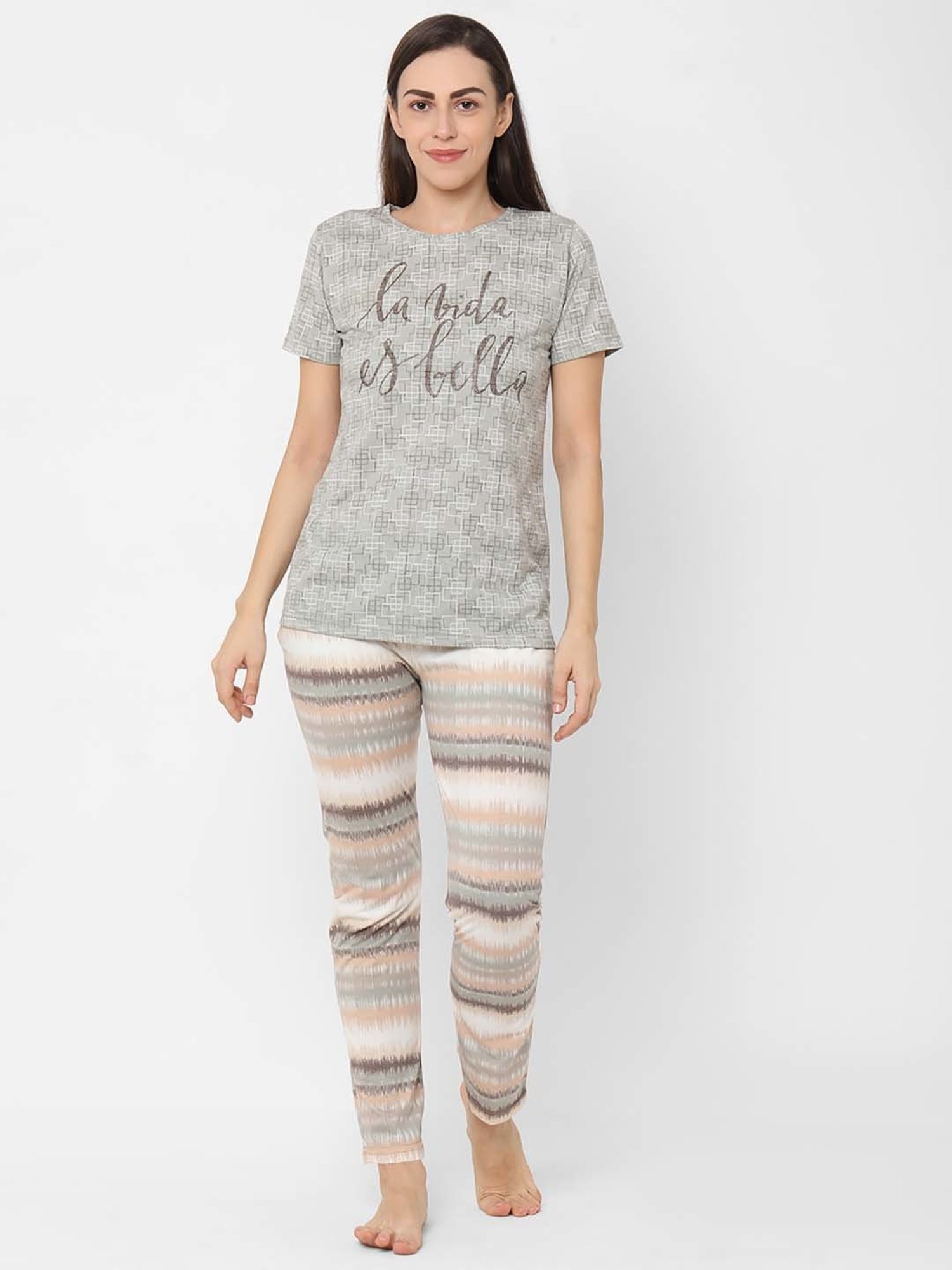 Sweet Dreams Grey Cotton Printed T-Shirt Pyjama Set