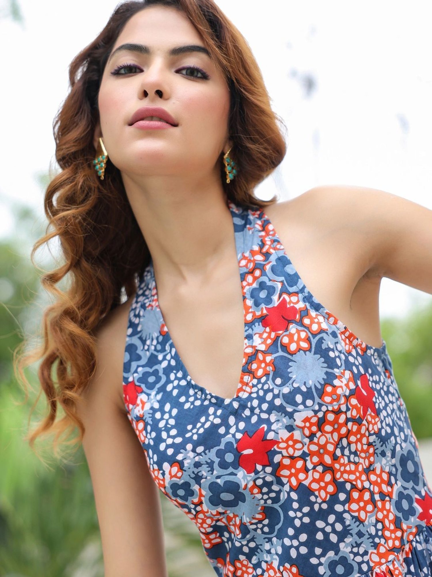 Rain and Rainbow Blue & Red Cotton Floral Print A-Line Dress